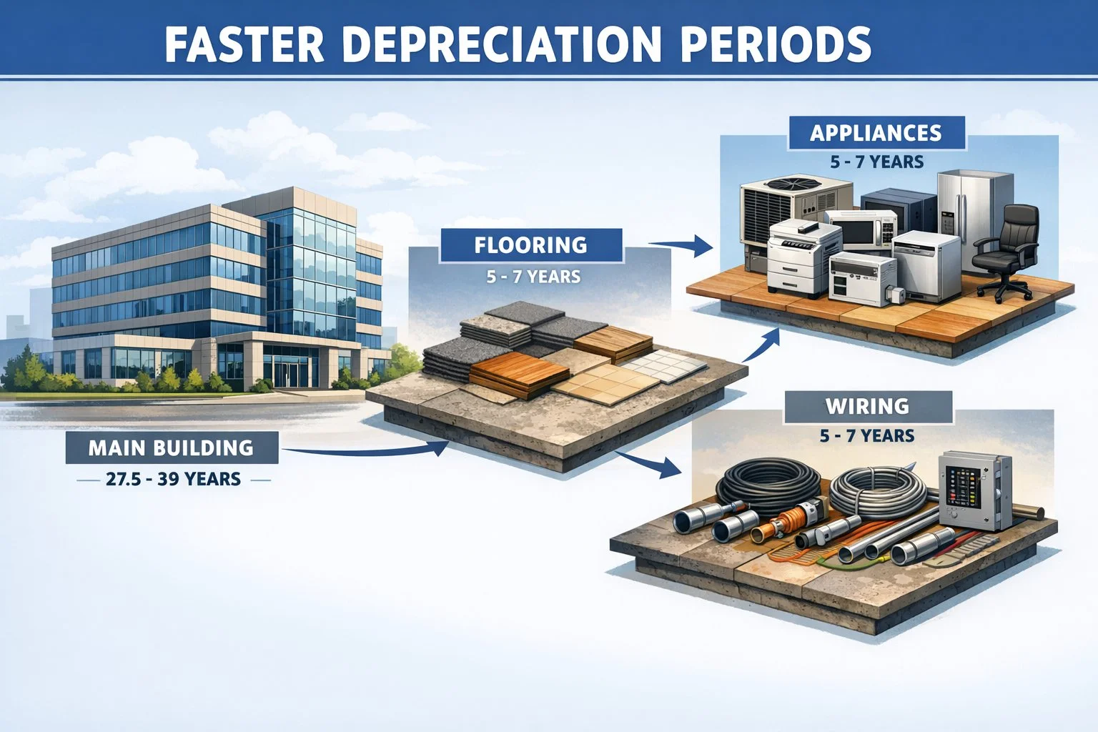Large commercial building with appliances, flooring, and wiring visually separated to illustrate components with faster depreciation periods.