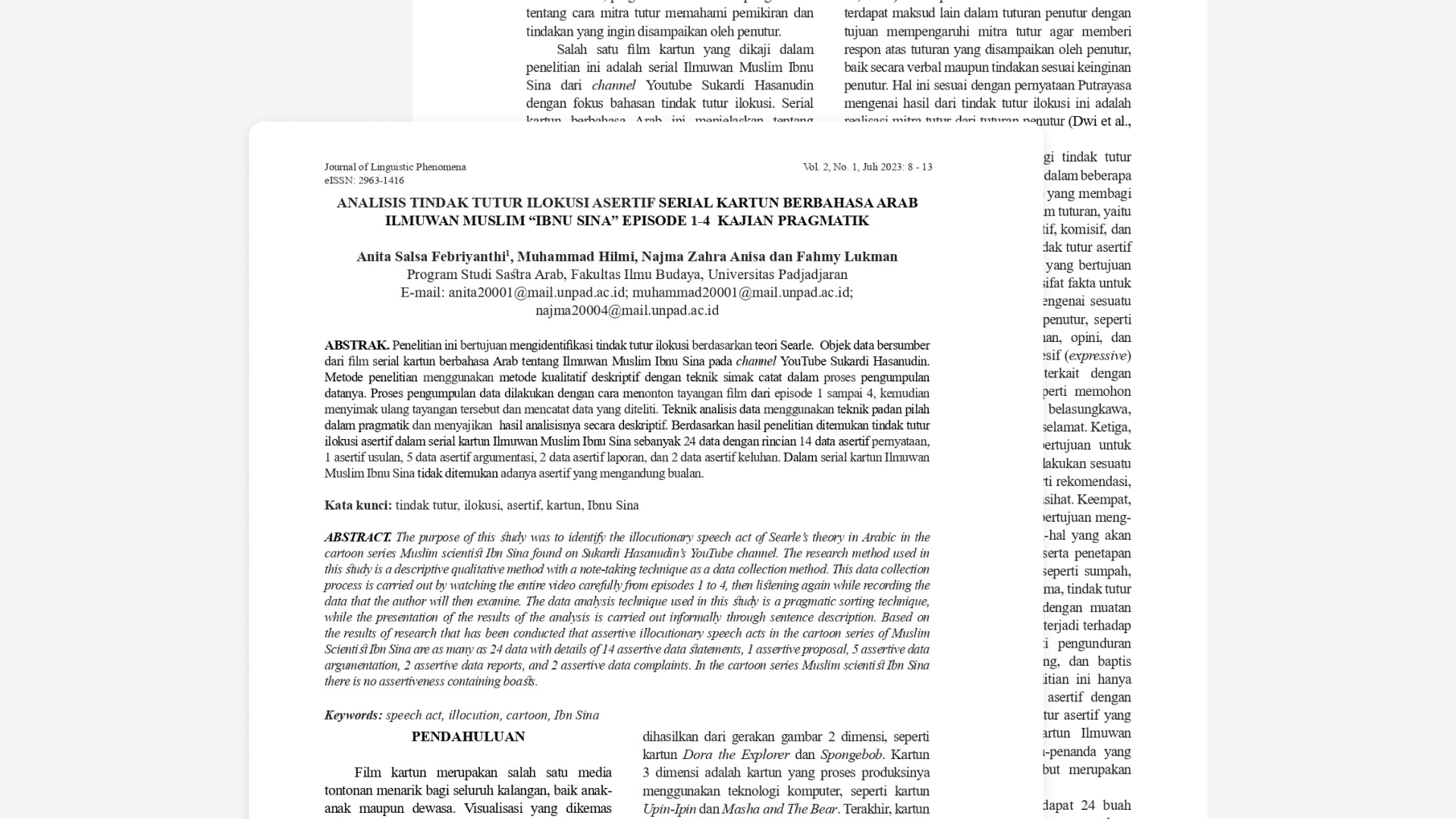 Academic journal article titled "Analisis Tindak Tutur Ilokusi Asertif Serial Kartun Berbahasa Arab Ilmuwan Muslim 'Ibnu Sina' Episode 1-4 Kajian Pragmatik" with authors' names, abstract, and keywords in both Indonesian and English. The page layout is typical for scholarly publications, featuring detailed text and structured sections, conveying a formal and analytical tone.