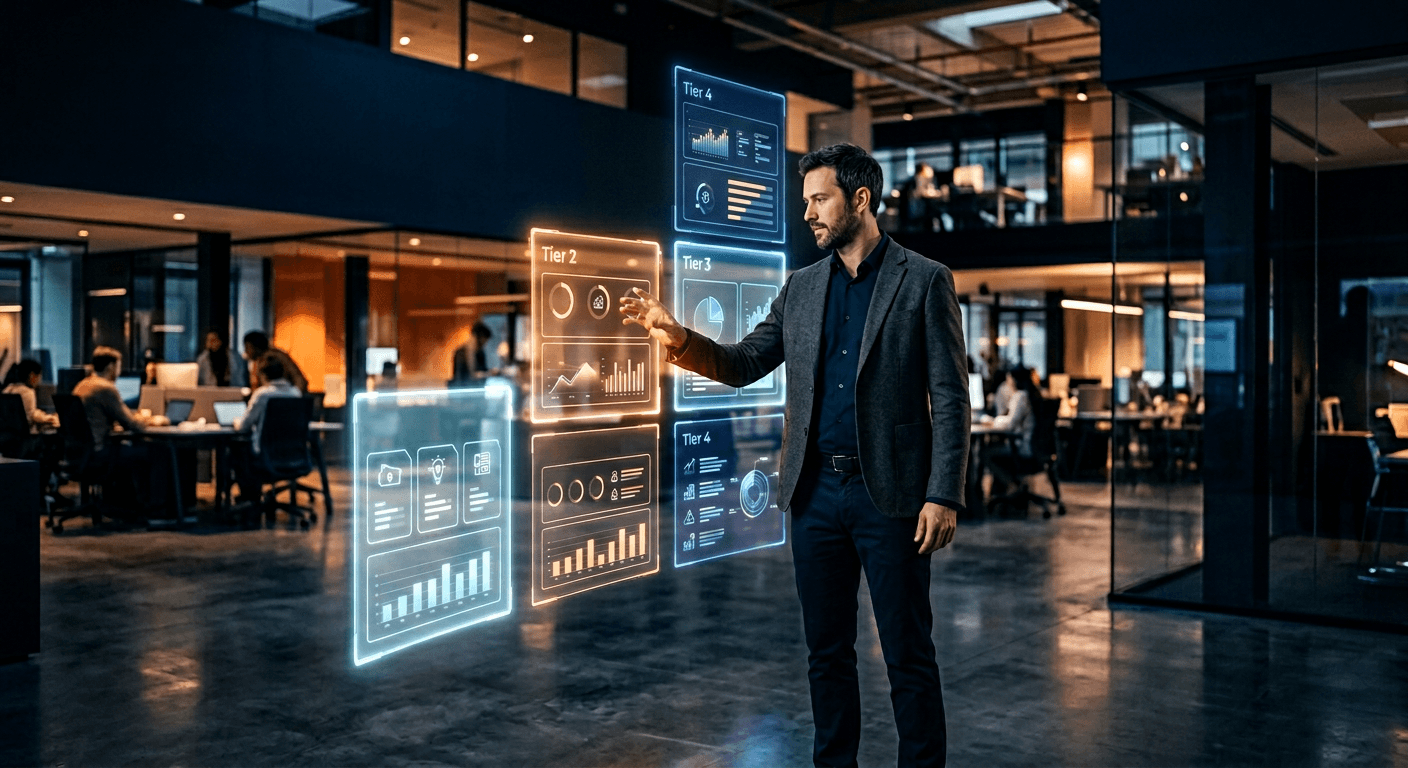Person comparing automation pricing tiers displayed as glowing holographic panels at different heights in a modern office setting