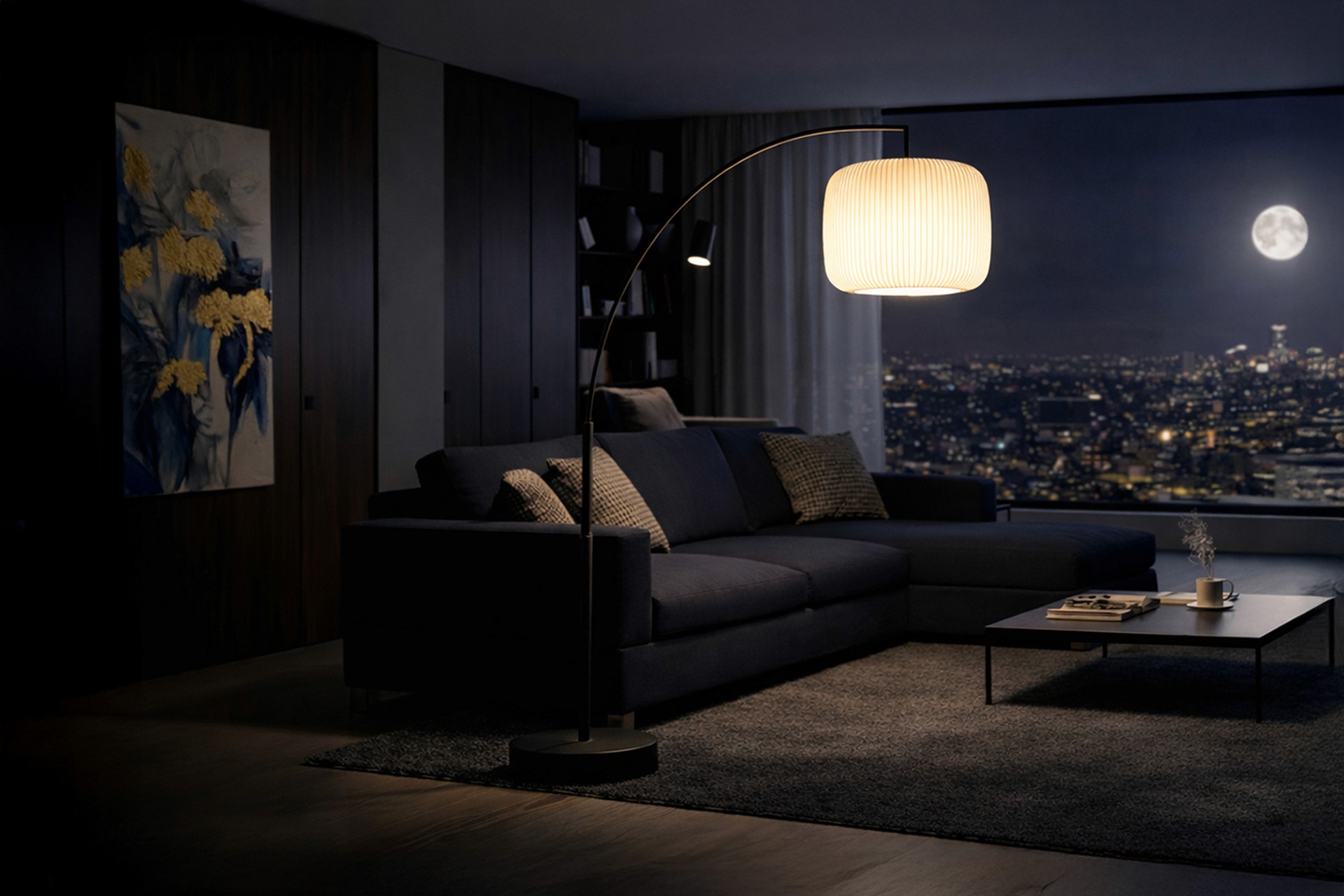 A high-angle view of a dark, modern apartment at night. The glowing arched floor lamp stands over a navy blue sectional sofa, with a city skyline and full moon visible through a large window.