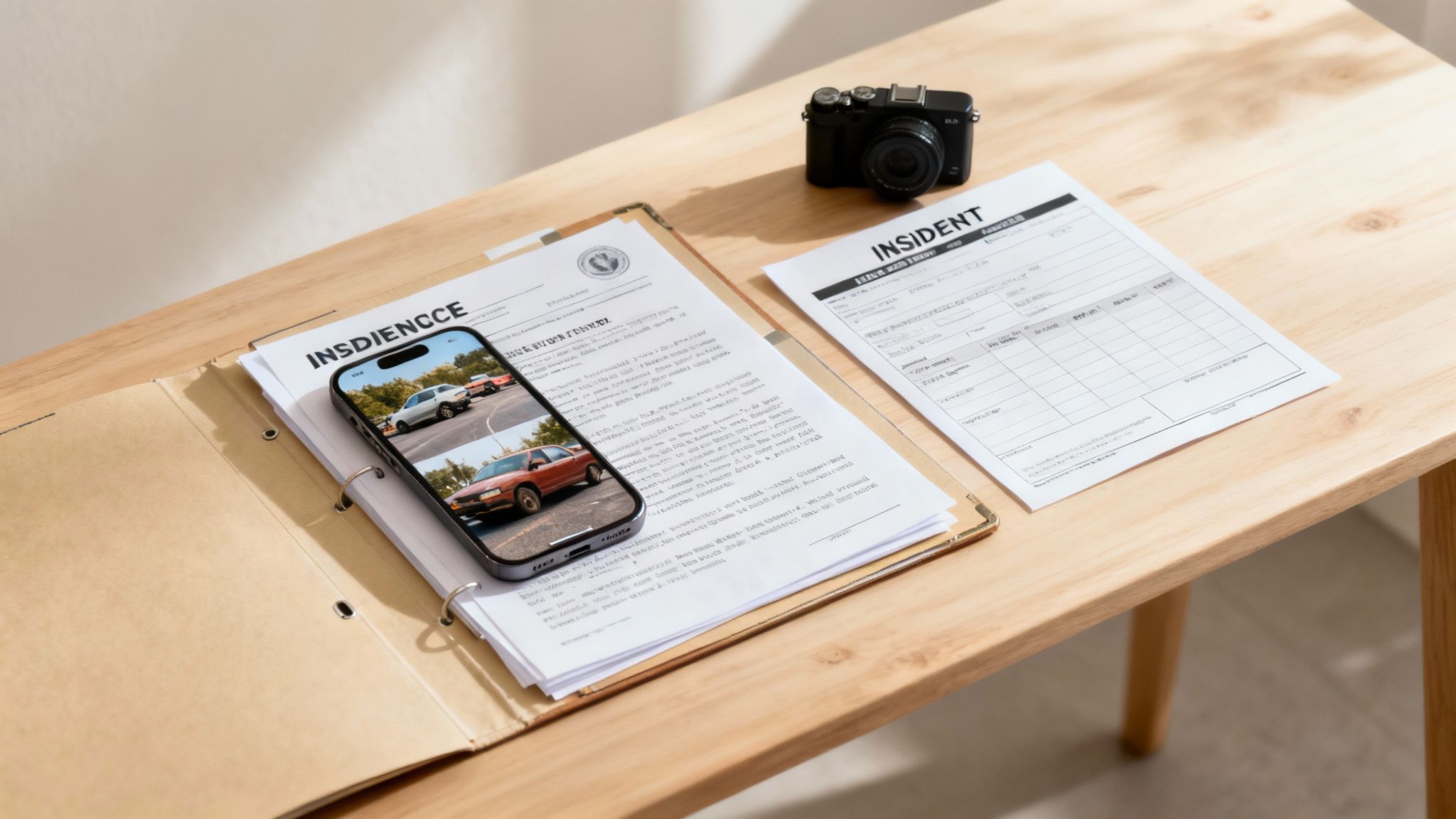 An organized file folder containing photos, documents, and notes, symbolizing evidence collection.