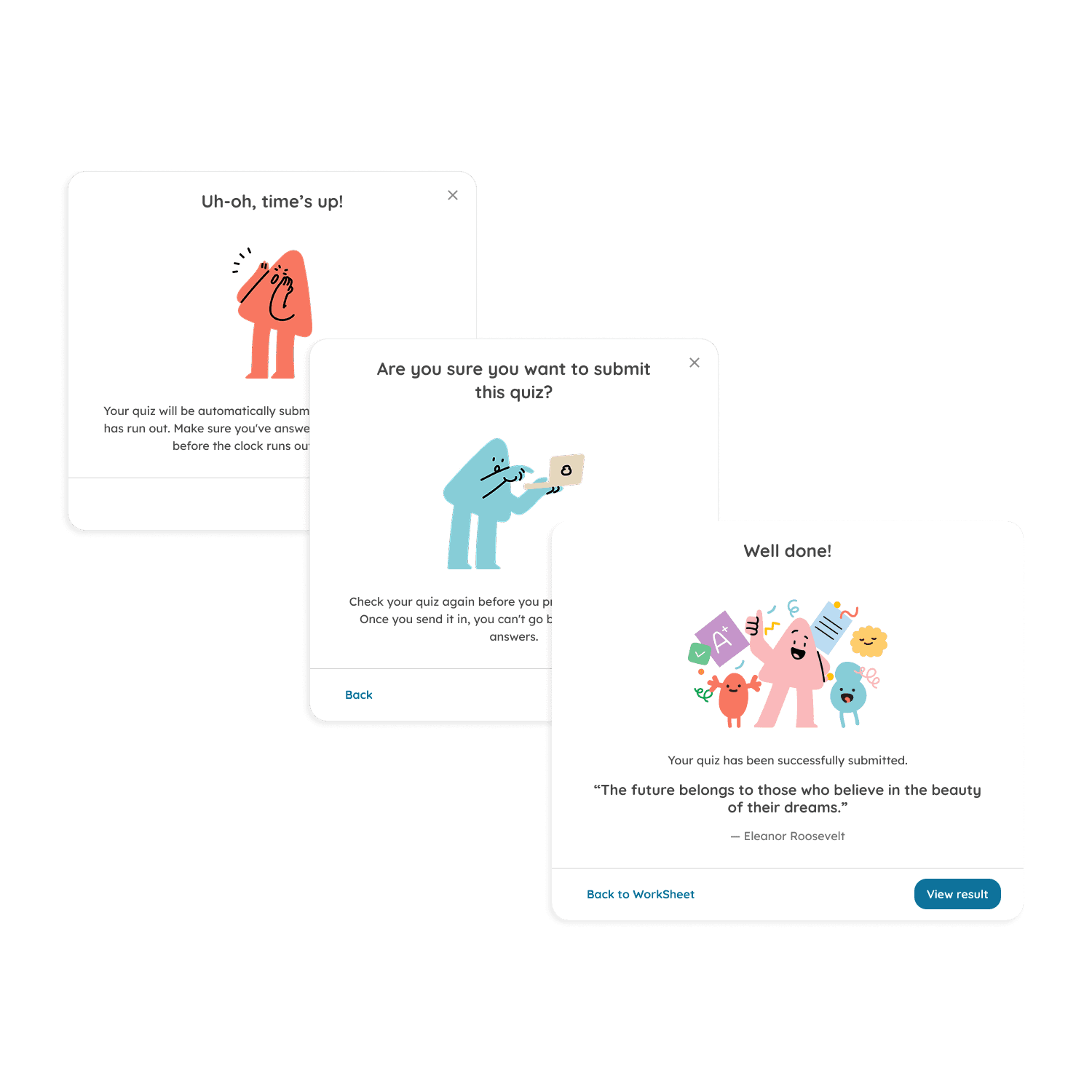 Various HeyHi dialogue interfaces, including quiz submission confirmation, completed quiz message, and time's up notification.