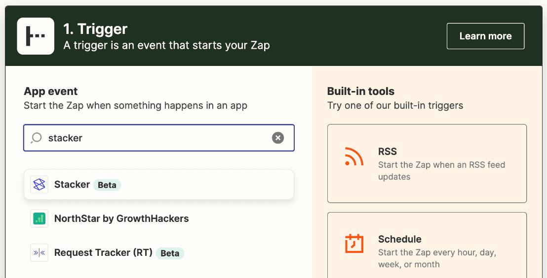 Built in Zappier automation tools like RSS and Shedule you can use to set automation triggers on Stacker.