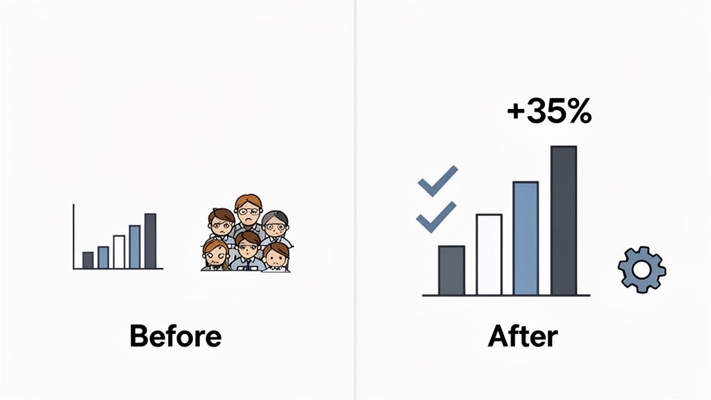 Before and after comparison showing improved business performance, 35% growth, and increased efficiency after intervention.
