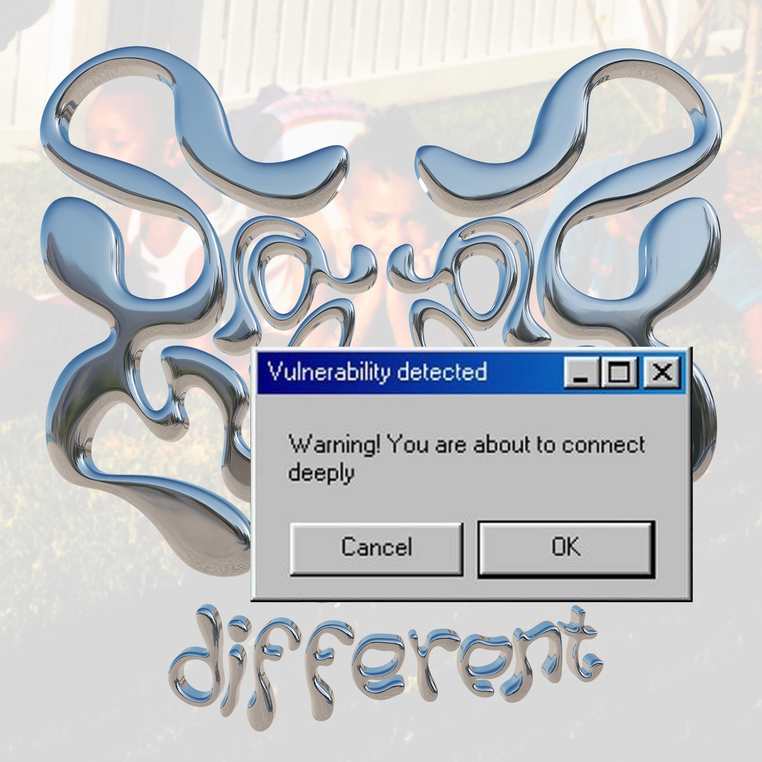 Chrome text over a blurred childhood photo of three siblings with a pop‑up reading “Vulnerability detected”
