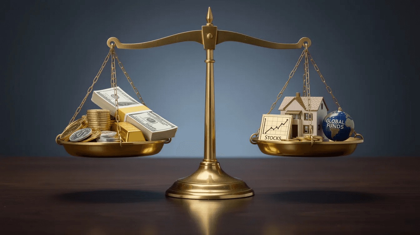 The image depicts a balanced scale with various coins and items on each side, symbolizing diversified asset allocation in an investment portfolio. This visual representation highlights the importance of a well-structured investment policy statement that aligns with investment objectives and risk tolerance.