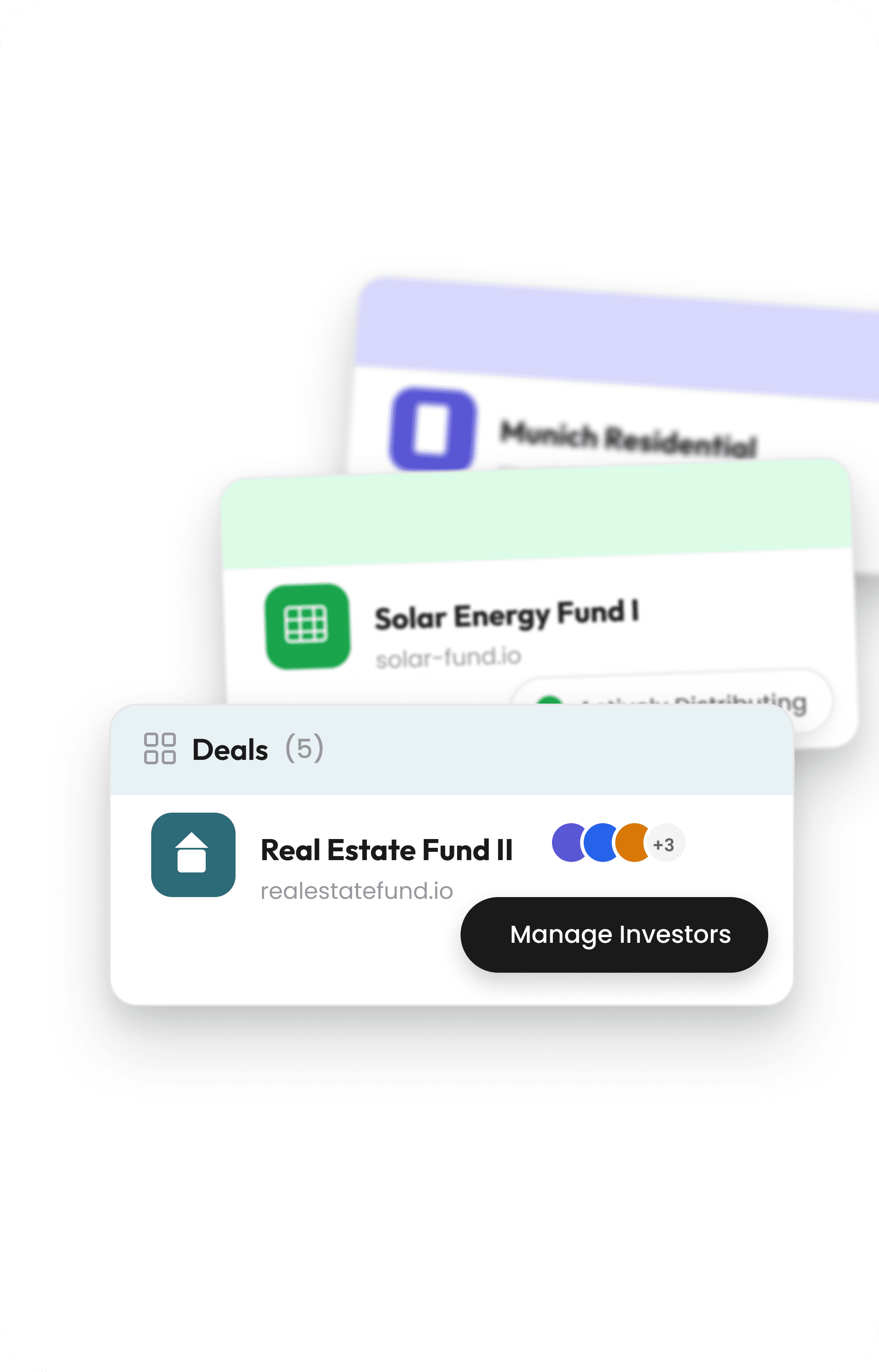 Deal cards for tokenized real estate and solar funds, each with a branded investor portal and investor management