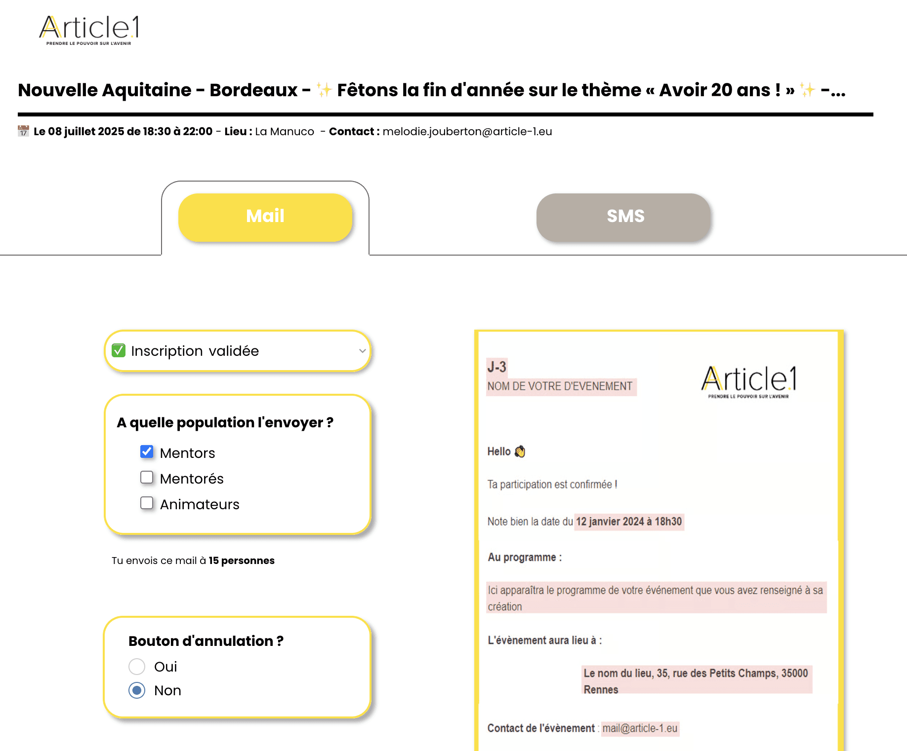 Capture d’écran de l’application Bubble développée pour Article 1, offrant une interface intuitive de suivi des participants et de gestion logistique des événements.