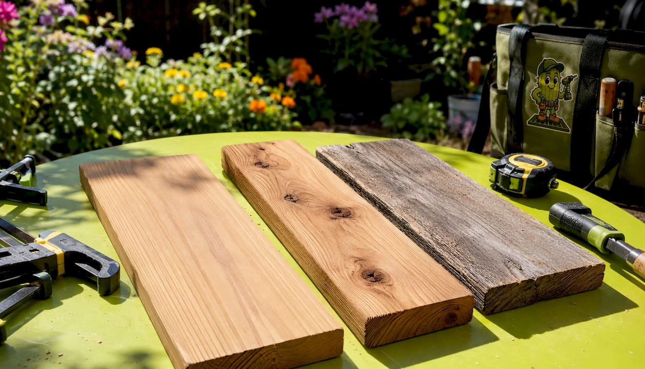Top view of various cedar decking boards in workshop