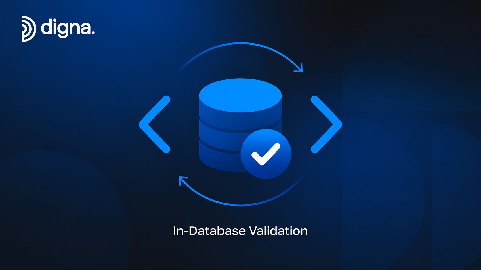 A digital illustration representing in-database validation with a blue database icon featuring a white checkmark.