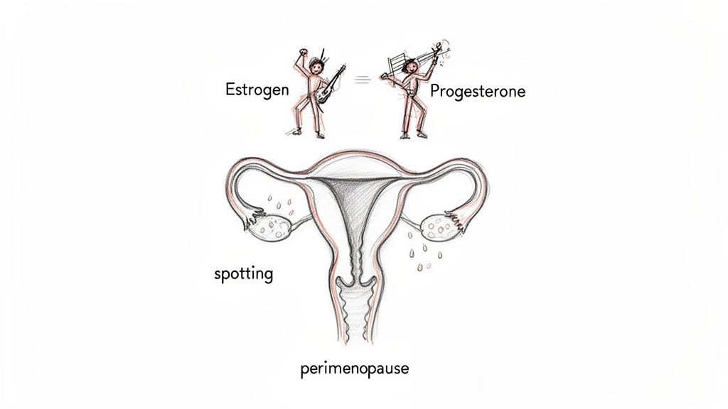Illustration showing estrogen and progesterone as figures affecting the uterus, indicating perimenopausal spotting.