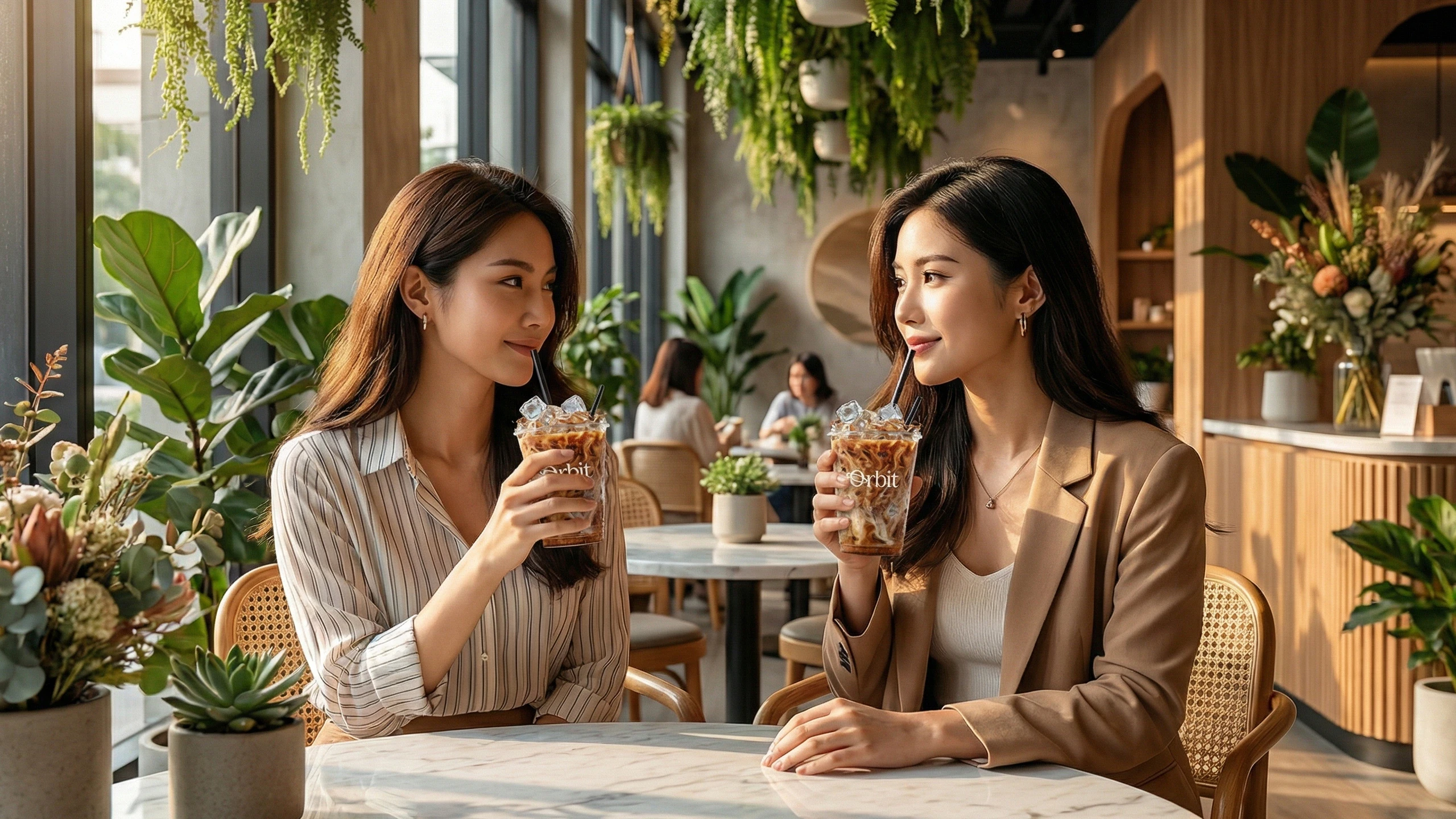 Two women enjoying iced lattes in clear cups with the Orbit logo at a modern, sunlit cafe filled with indoor plants.