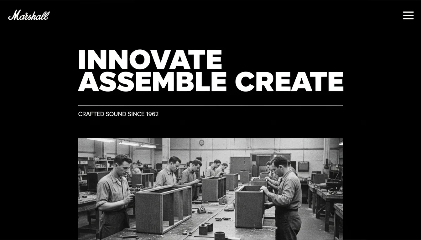 Modern dark mode website UI design for the Marshall brand, minimalist and high-contrast. The layout features a solid black background with clean white UI elements. At the top, a stylized script brand logo on the left and a hamburger menu icon on the right. The main section has a large, bold, white sans-serif headline made of abstracted text. Below, a thin horizontal line and a secondary text element. The lower portion of the screen contains a vintage, grainy, black-and-white photograph of a 1960s workshop where men in work clothes are hand-assembling wooden amplifier cabinets on assembly lines.