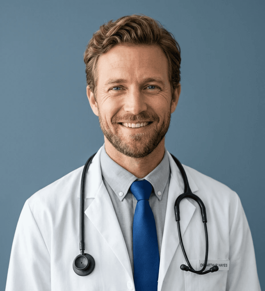 Smiling male doctor with beard and stethoscope wearing a white coat and blue tie. He stands against a blue background, conveying a professional and friendly demeanor.