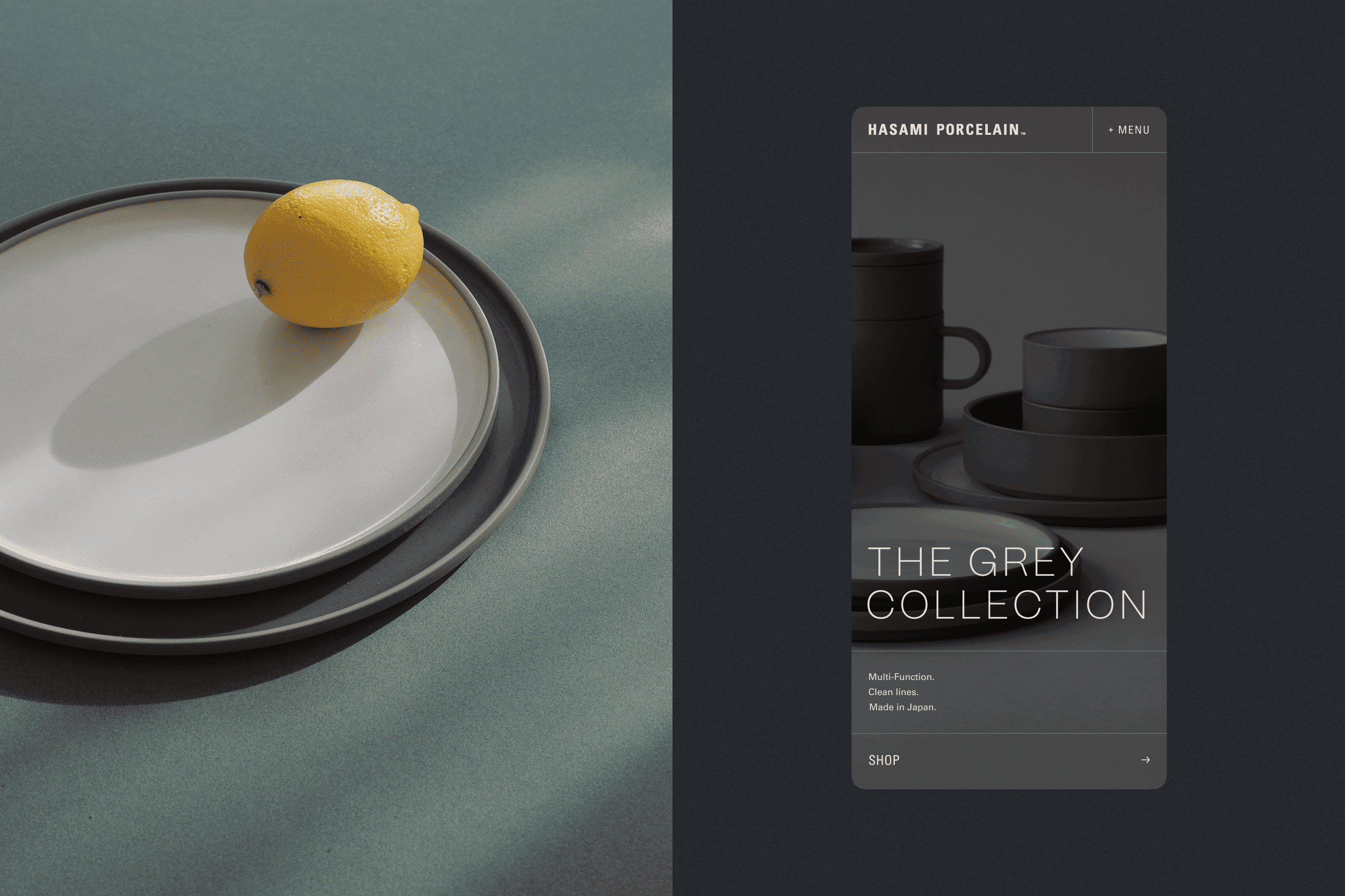 A split column image with a stack of two plates on the left, and a screenshot of a mobile homepage featuring those plates on the right