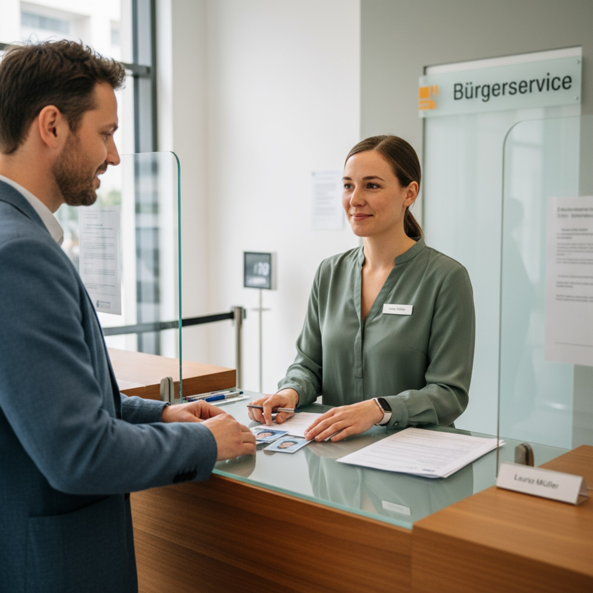Am Tresen erklärt ein Mitarbeiter ruhig, welche Unterlagen für eine Ausweisabholung erforderlich sind. Die Bürgerin legt Passfotos und Formulare geordnet bereit. Durch die große Fensterfront fällt weiches Tageslicht, die Umgebung wirkt aufgeräumt und freundlich. Der Moment vermittelt Klarheit und Sicherheit.