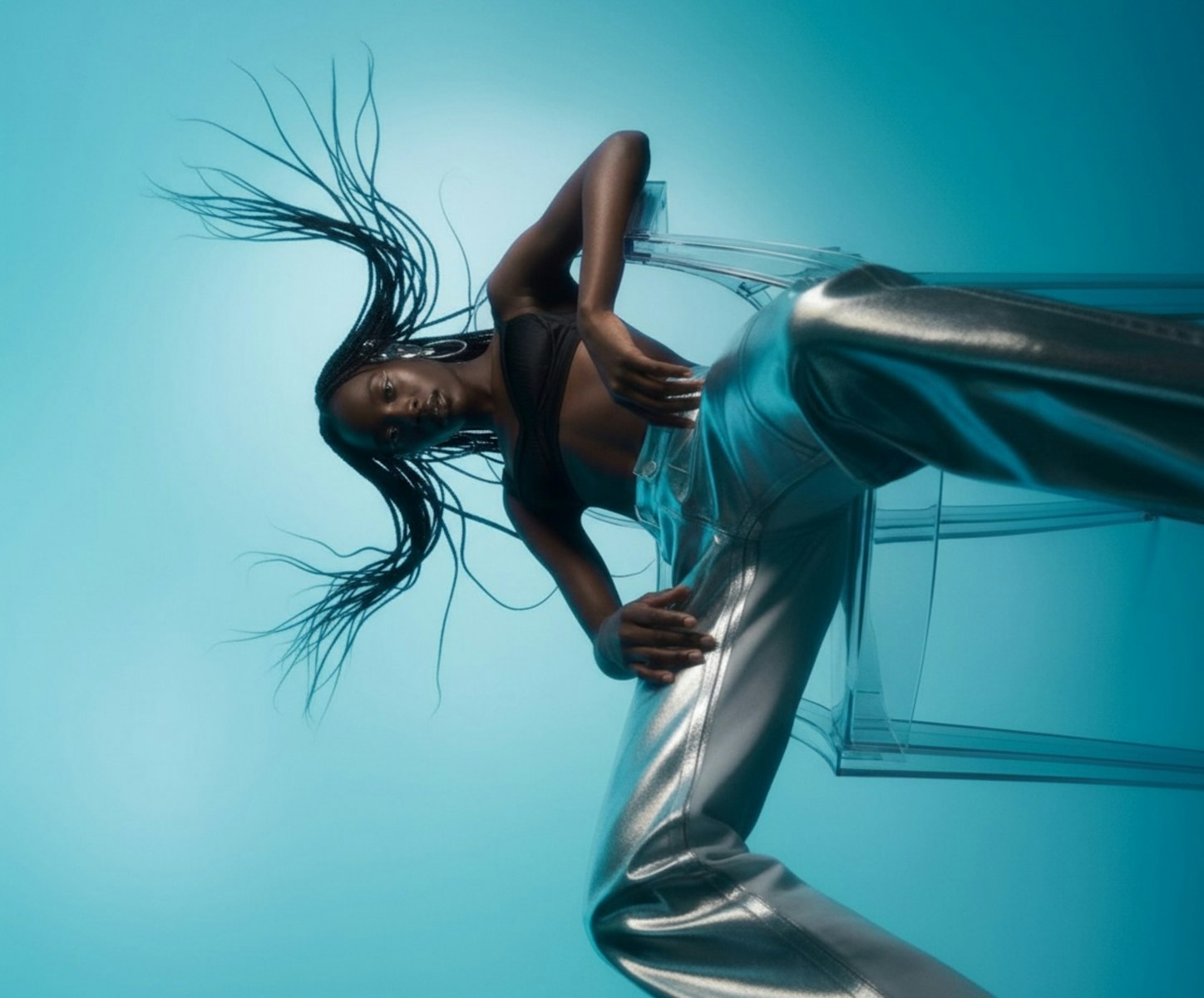 A person poses dramatically against a turquoise background, showcasing stylish clothing and an expressive posture.