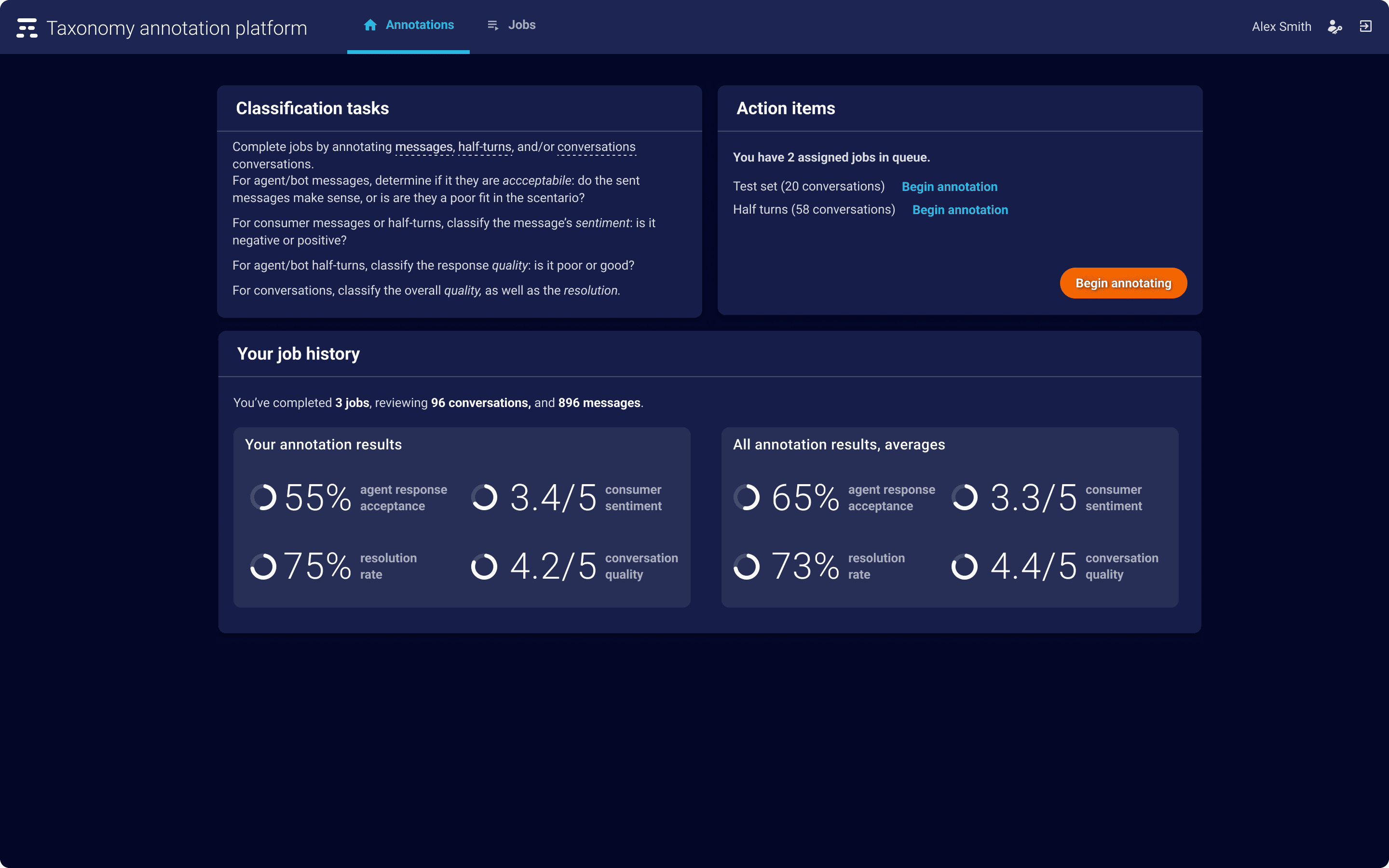 An early iteration of the dashboard, containing tasks, results, and benchmarks.