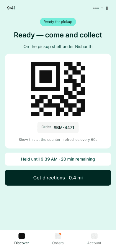Mobile pickup screen with the QR code and hold time