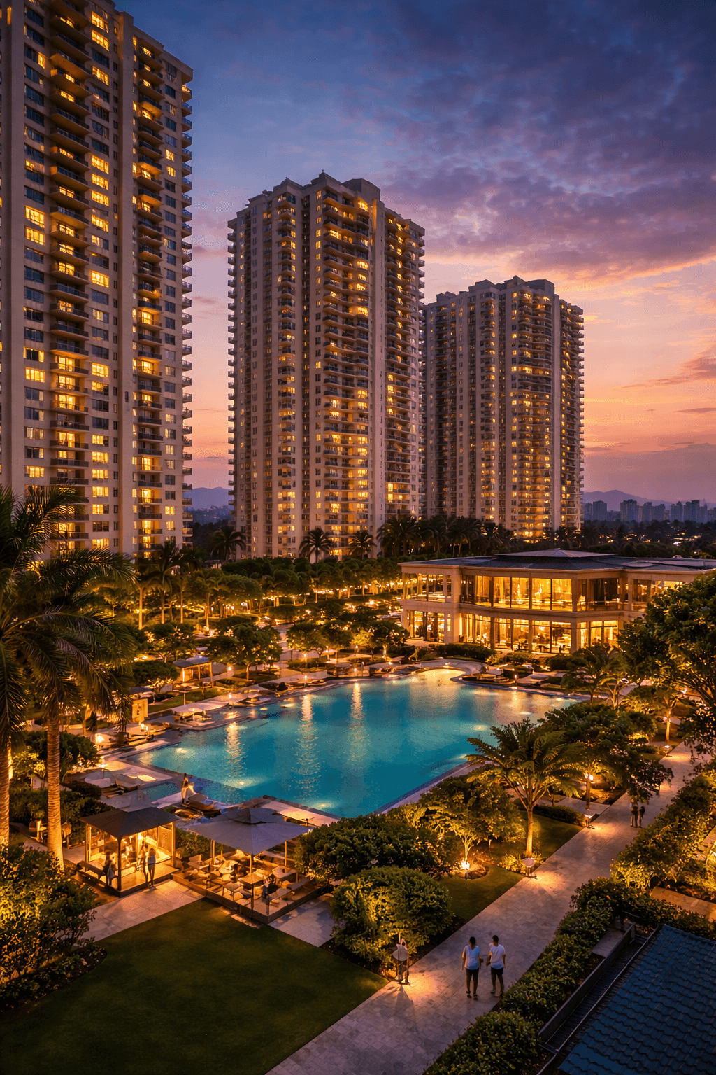 Illuminated luxury residential towers with clubhouse and pool during evening in Sector 90 Gurugram