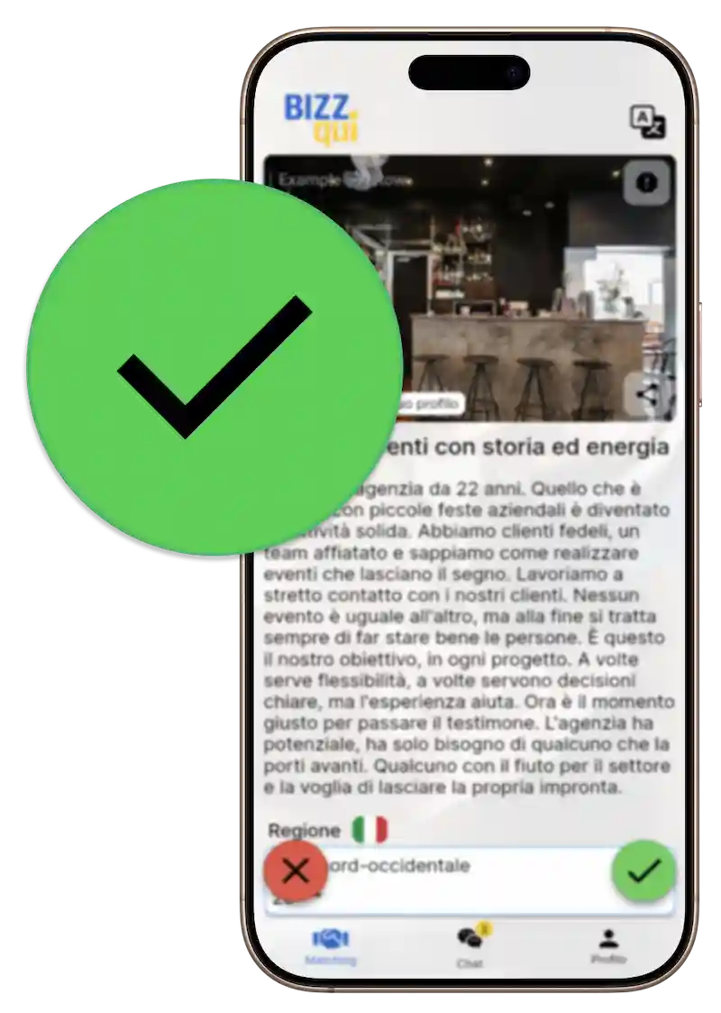 Schermata matching app BIZZqui: trovare aziende compatibili da comprare e vendere per settore, posizione e prezzo di acquisto