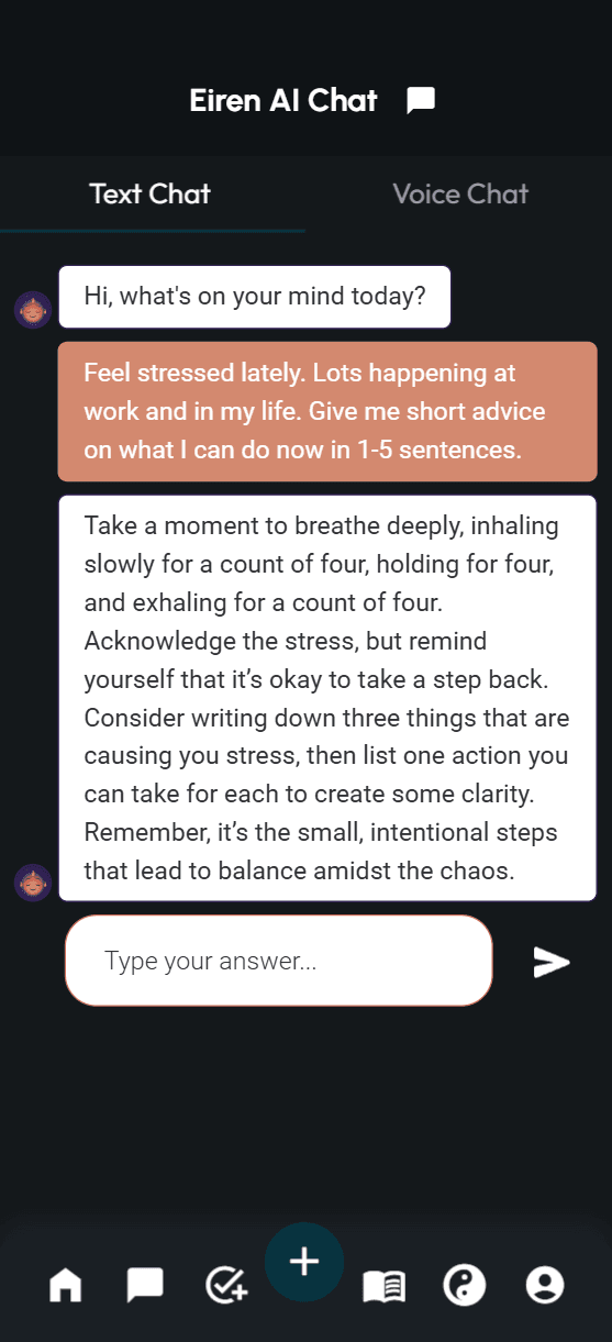Eiren AI chat interface showcasing a virtual assistant ready to help users with their personal growth journey.