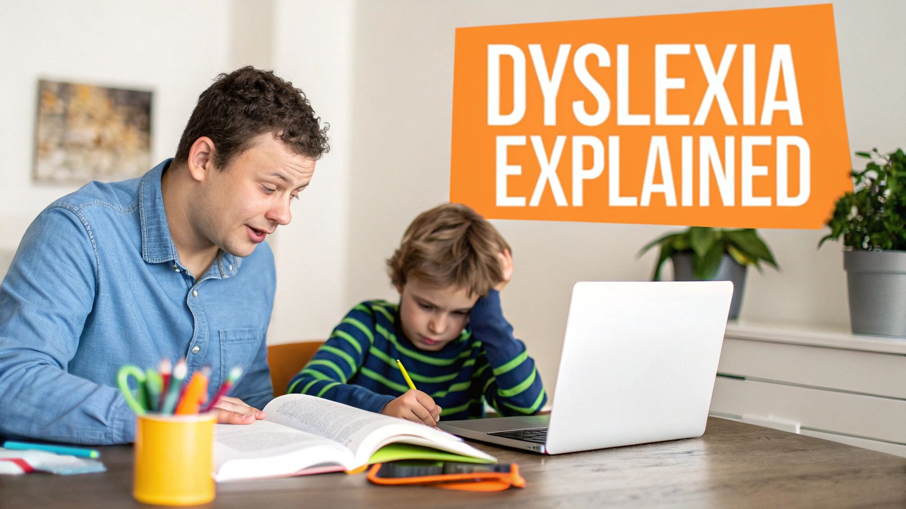 A child looking thoughtfully at a book, representing the process of learning and understanding dyslexia.