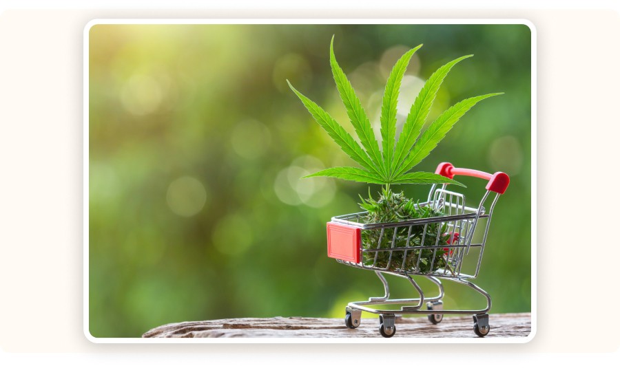 Small shopping cart containing a hemp leaf