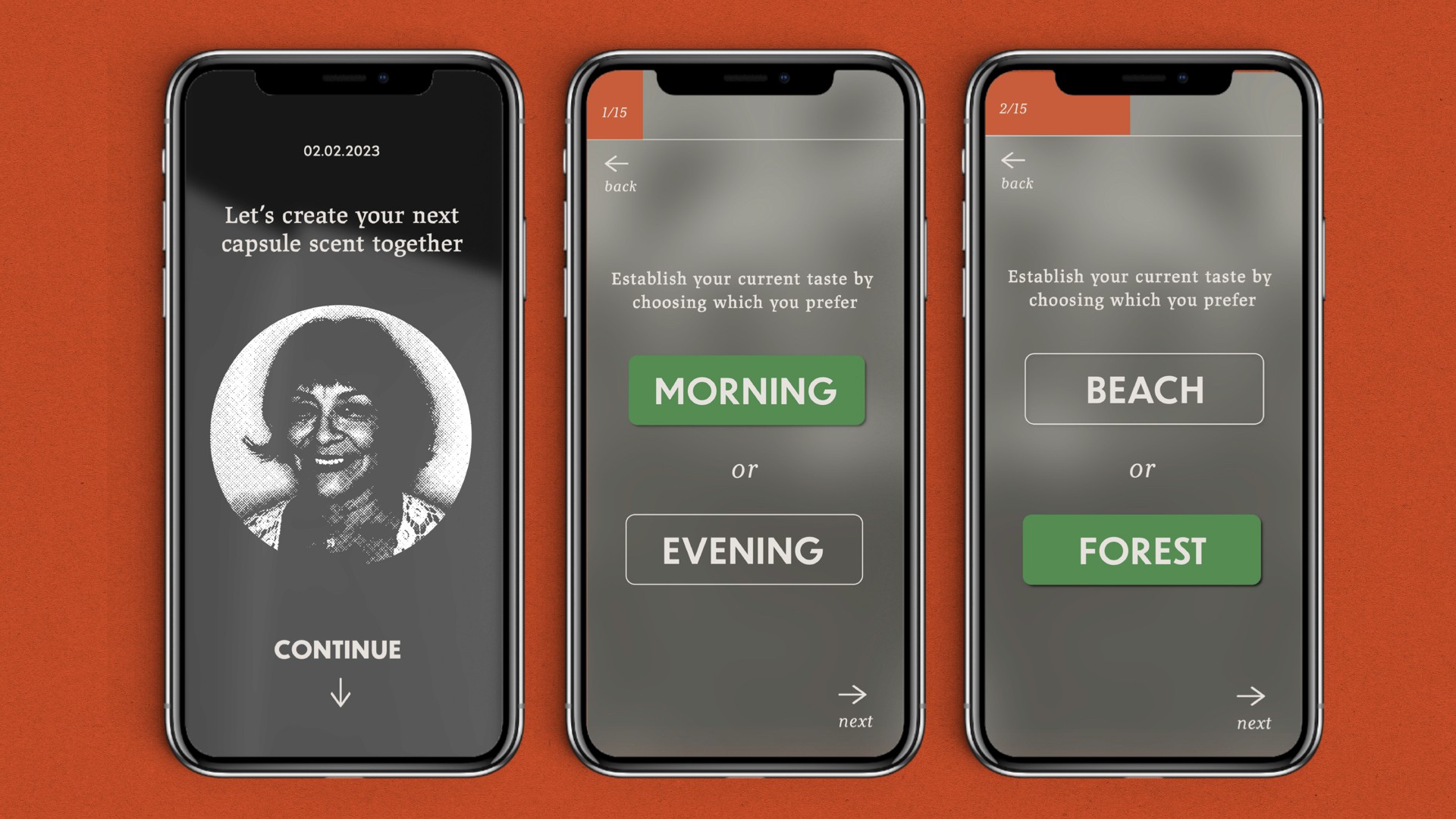 Three smartphones are displayed side by side, each showing a dark gray screen with a circular profile picture of a woman and the text "Let's create your next capsule scent together." The date "02.02.2023" appears in the top left corner. The middle phone displays "Establish your current taste by choosing which you prefer," with options for "MORNING," "BEACH," and "EVENING." The rightmost phone shows "Establish your current taste by choosing which you prefer," with options for "FOREST" and "next." All phones have navigation buttons at the bottom.
