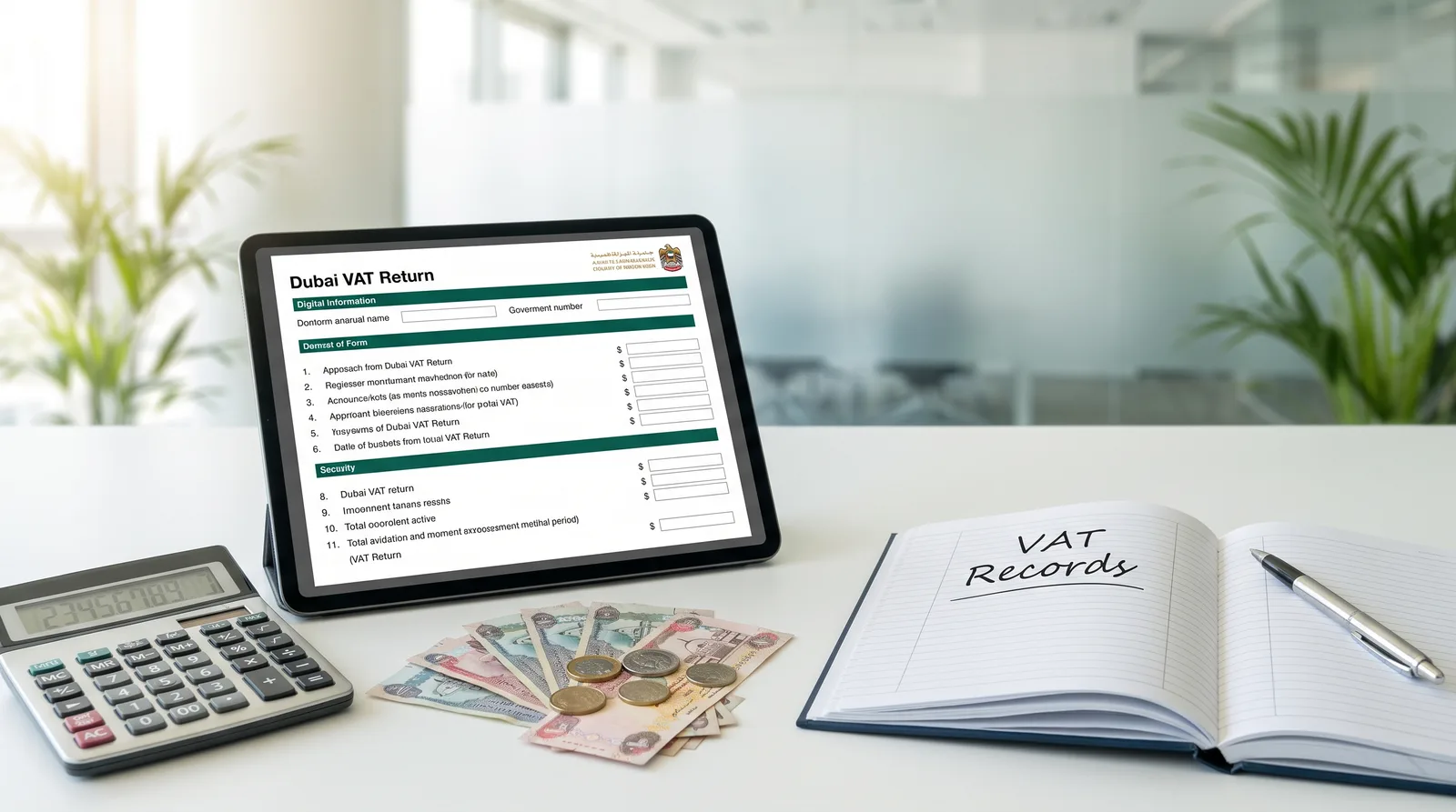 Filing Your First VAT Return as a Dubai Owner beside an itemised cost breakdown, calculator and dirham notes