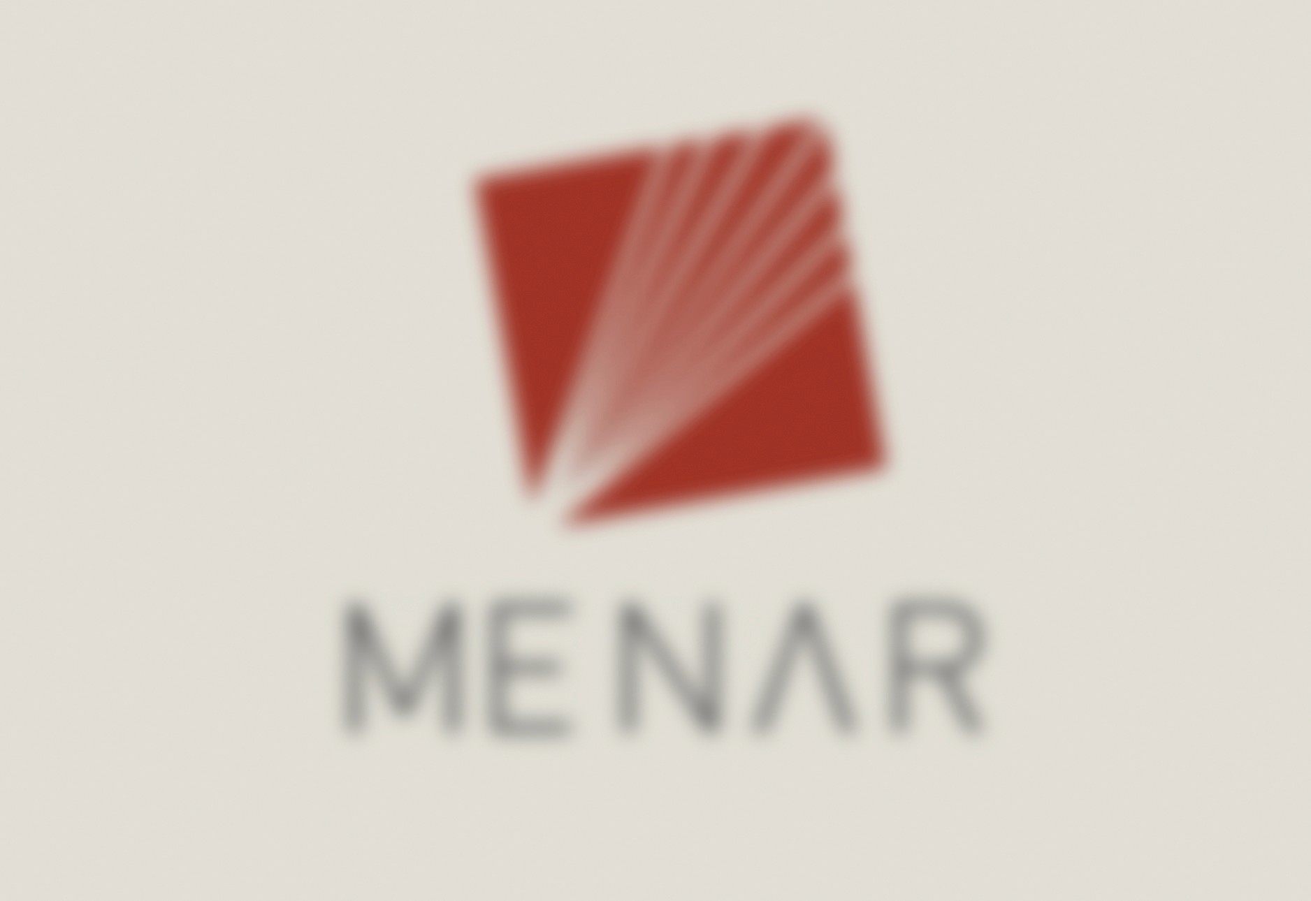 Premium corporate brand identity case study card for Menar, featuring a red geometric logo emblem and technical wireframe typography overlaid on a minimalist blurred background layout.
