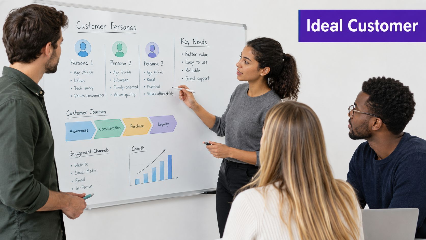 A diverse business team collaborating on customer personas and growth strategies using a whiteboard in an office.