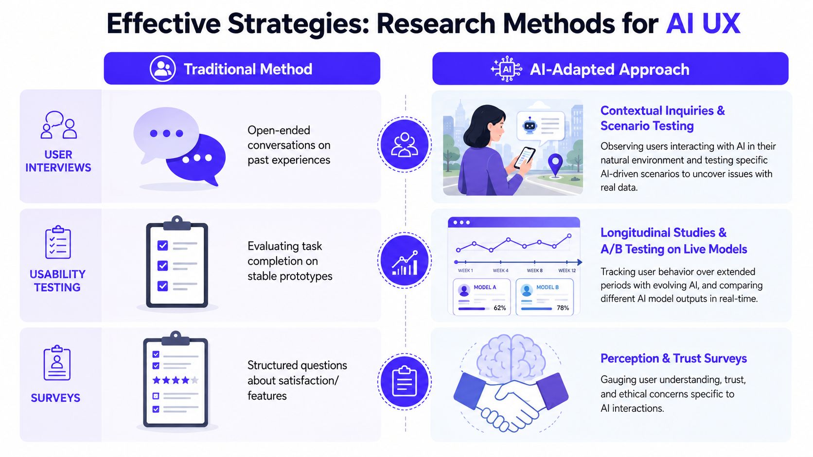 A comparison table contrasting traditional UX research methods with specialized AI-adapted research approaches for better user experience.