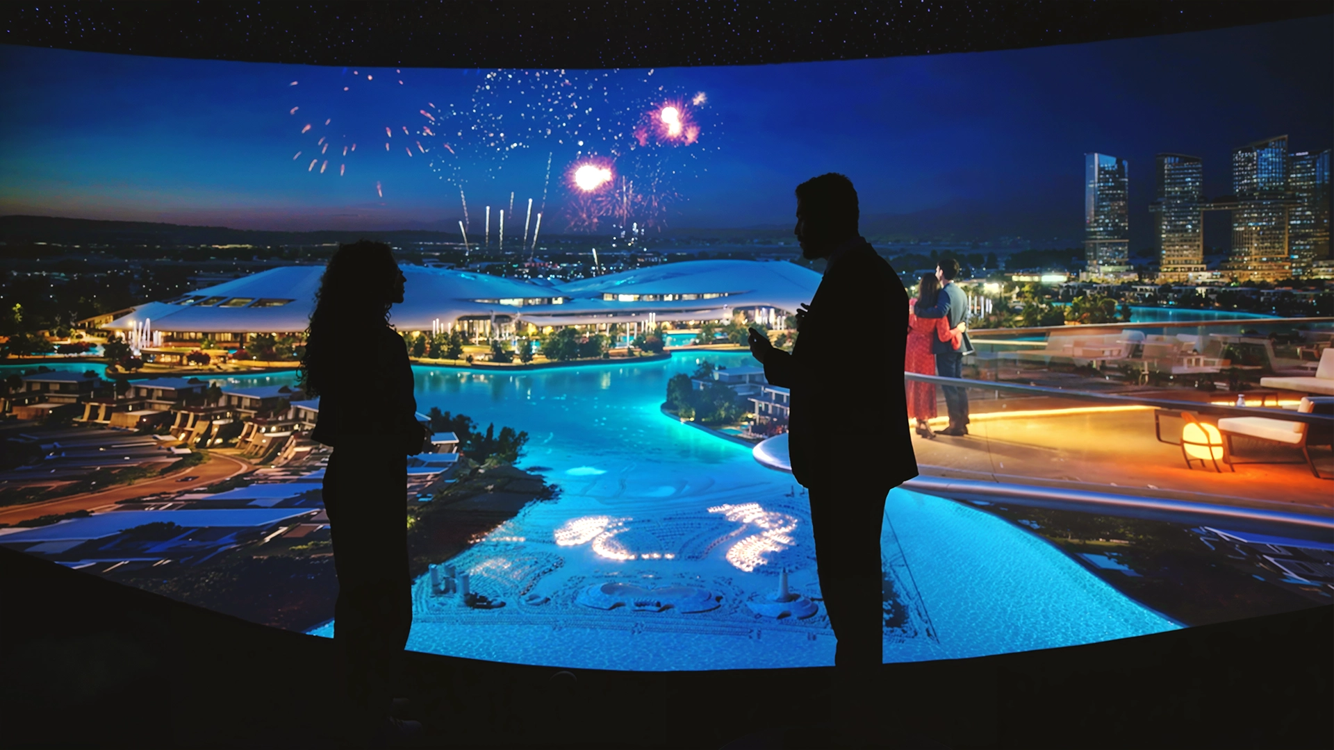 Immersive finale integrating fireworks and architectural projection.
