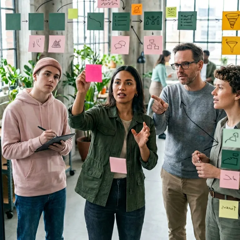 Équipe de consultants en pleine session de brainstorming stratégique devant une paroi vitrée couverte de post-its et de schémas de flux, illustrant notre expertise en "Marque employeur et corporate" pour l'optimisation du parcours candidat