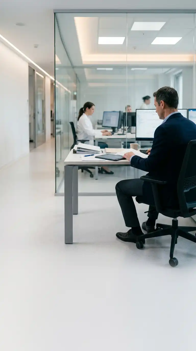 Executive working at a desk in a glass-walled office