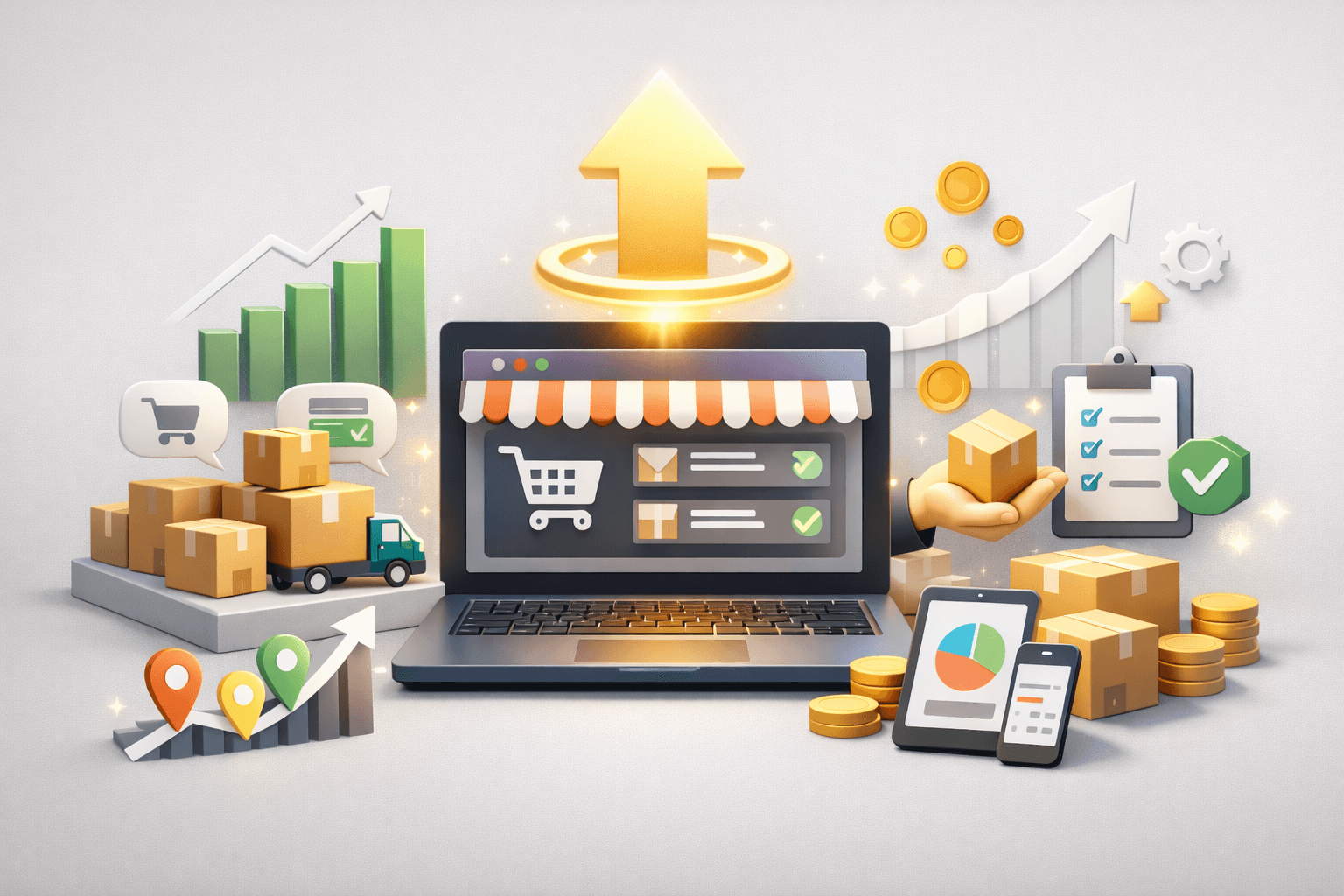 Canal lojista B2B em upgrade com painel de e-commerce 3D, gráficos de crescimento e aumento de pedidos, ícones minimalistas de logística e performance em fundo cinza claro.