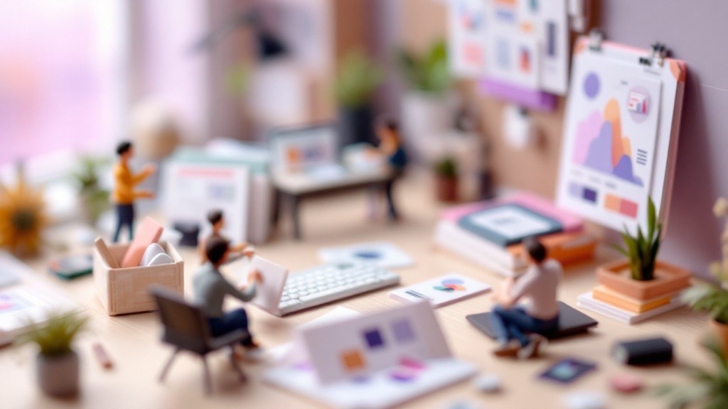 Tiny designers and developers building a modern website layout inside a miniature Framer workspace.