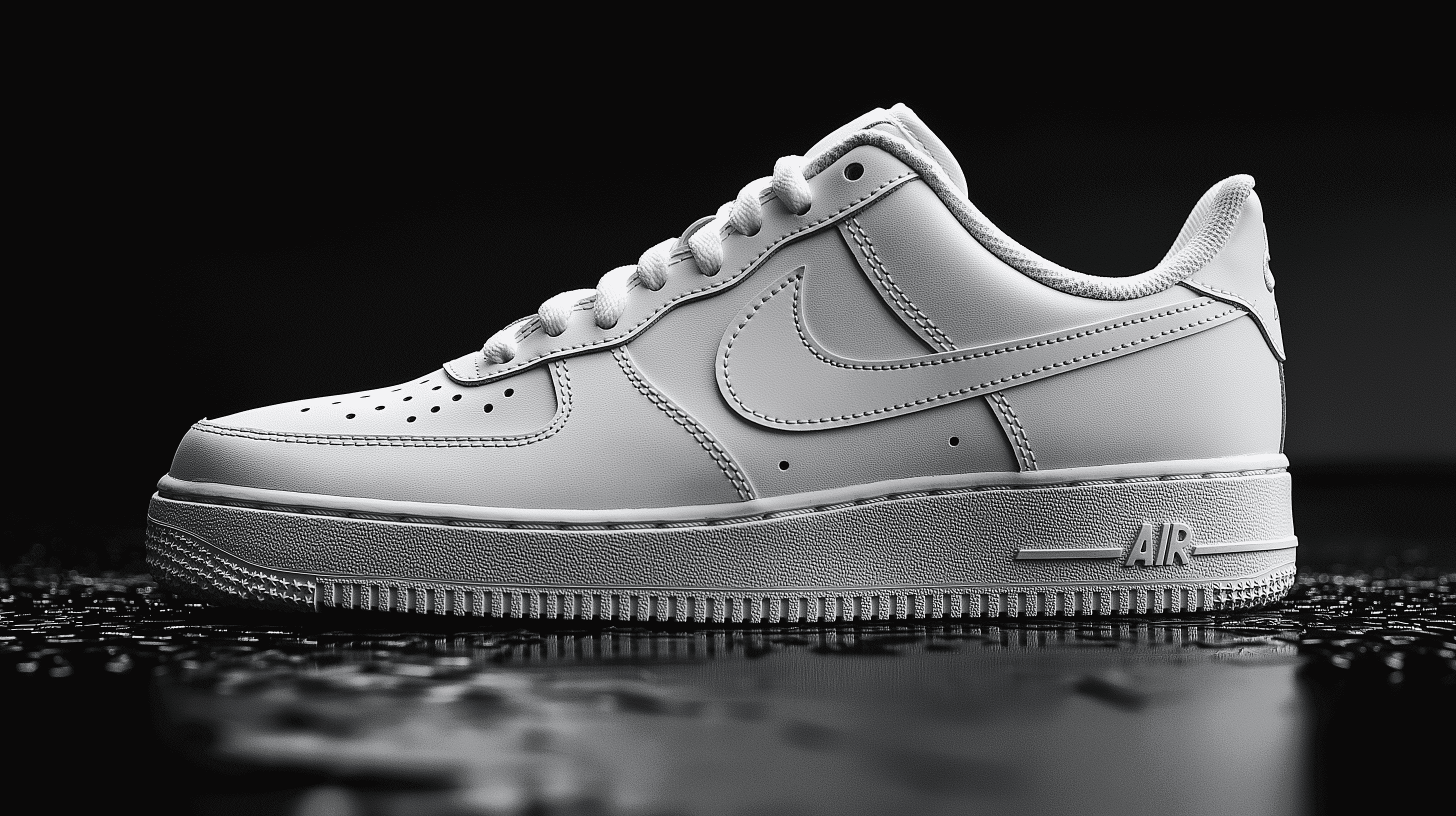 A sleek, monochrome shot of a white Nike Air Force 1 sneaker placed on a reflective surface.