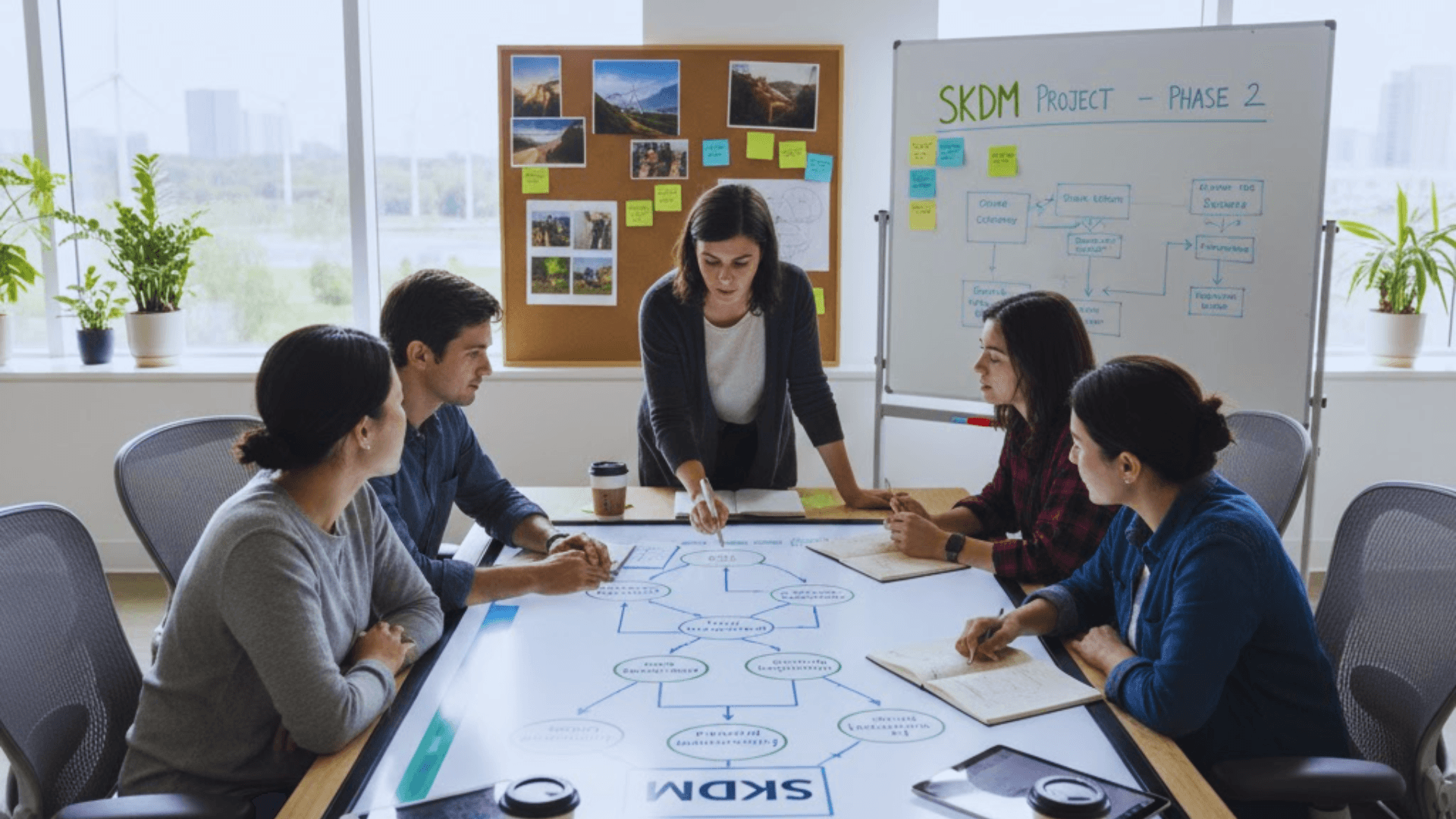 Sınırda Karbon Düzenleme Mekanizması (SKDM) uyum süreci için bir araya gelmiş uzman ekibin, stratejik planlama ve iş birliği yaptığı aydınlık bir ofis toplantısı sahnesi.