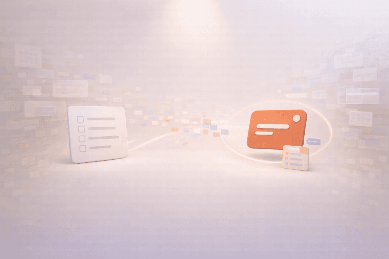 Minimalistische 3D-Illustration mit zwei schwebenden Aufgaben­karten auf warmem cremebeigem Hintergrund. Links eine neutrale klassische To-do-Liste mit einfachen Checkbox-Zeilen, rechts eine korallorange Fokuskarte mit einem dezenten Planungsring und kleinen Zeitblöcken. Dazwischen fließen verstreute Aufgabenfragmente zusammen und symbolisieren, wie ein KI-gestütztes System Prioritäten aus vielen Aufgaben ableitet.