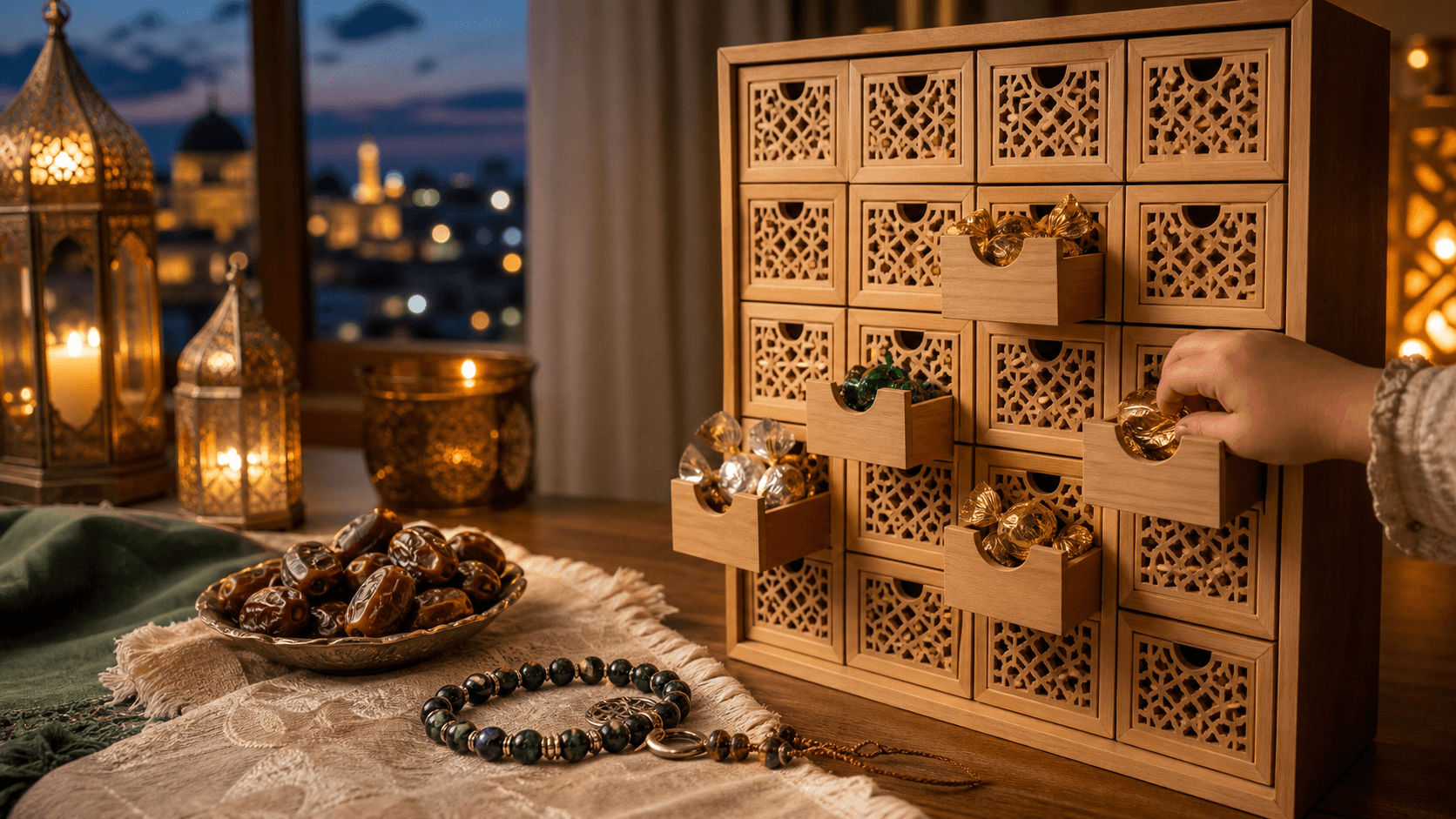 A Ramadan countdown gift box with dates, sweets, lanterns and a lasting dhikr bracelet for daily ritual