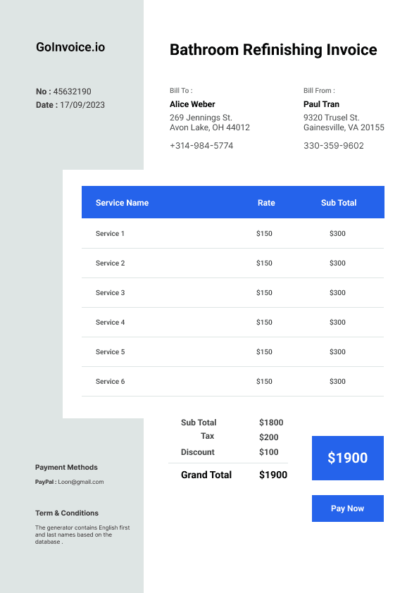 Bathroom Refinishing Invoice