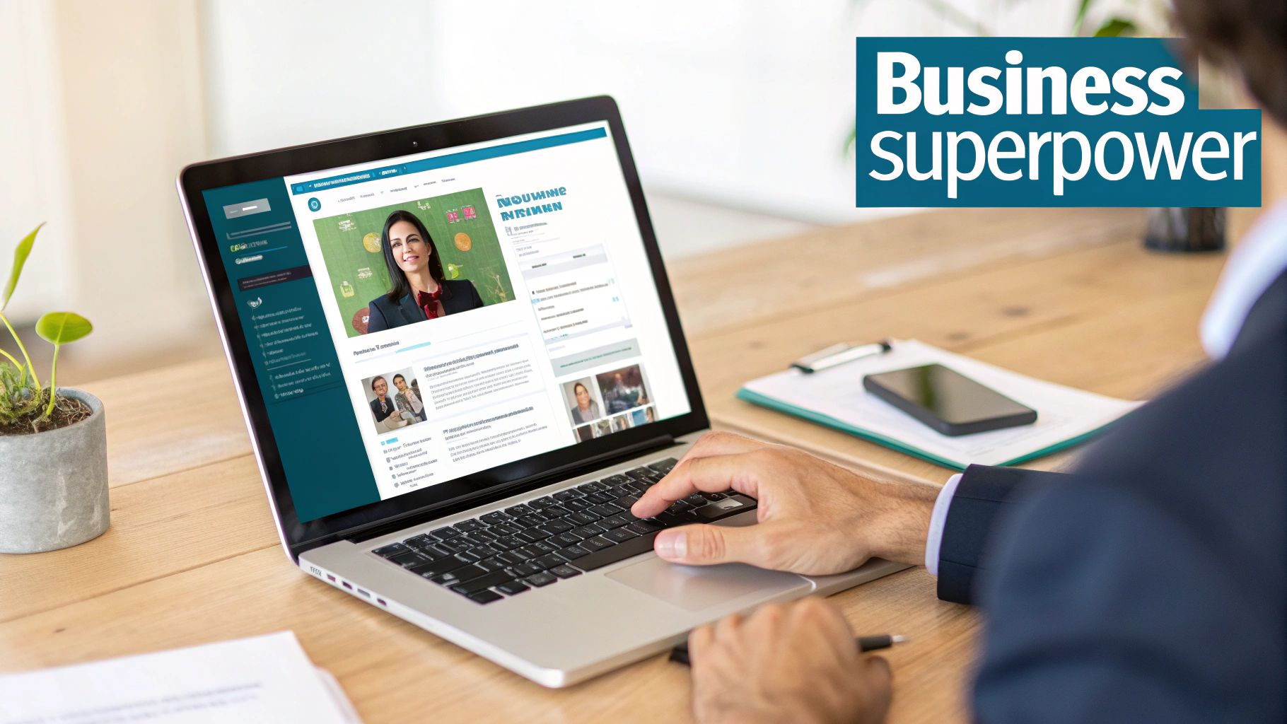 A person works on a laptop displaying a professional woman's LinkedIn profile, with a plant and phone.