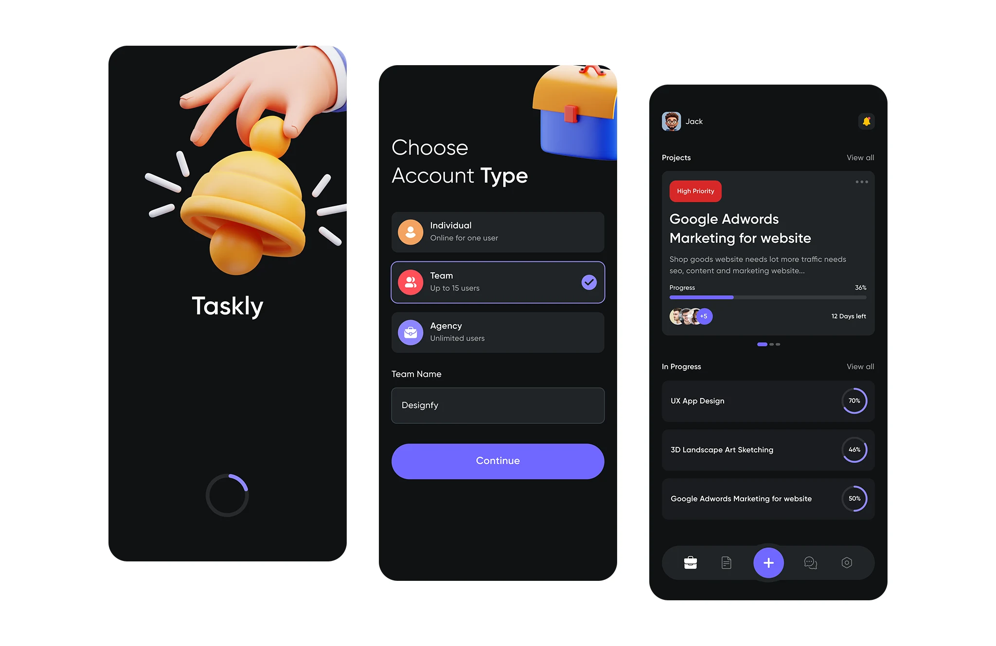Task management mobile app UI design with onboarding flow, account selection, and productivity dashboard