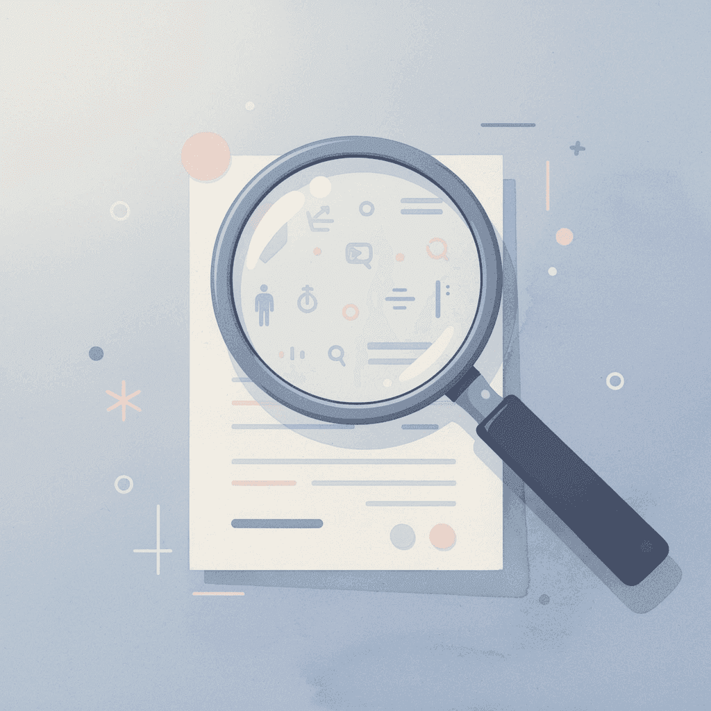  Magnifying glass examining research paper with floating analytical insights