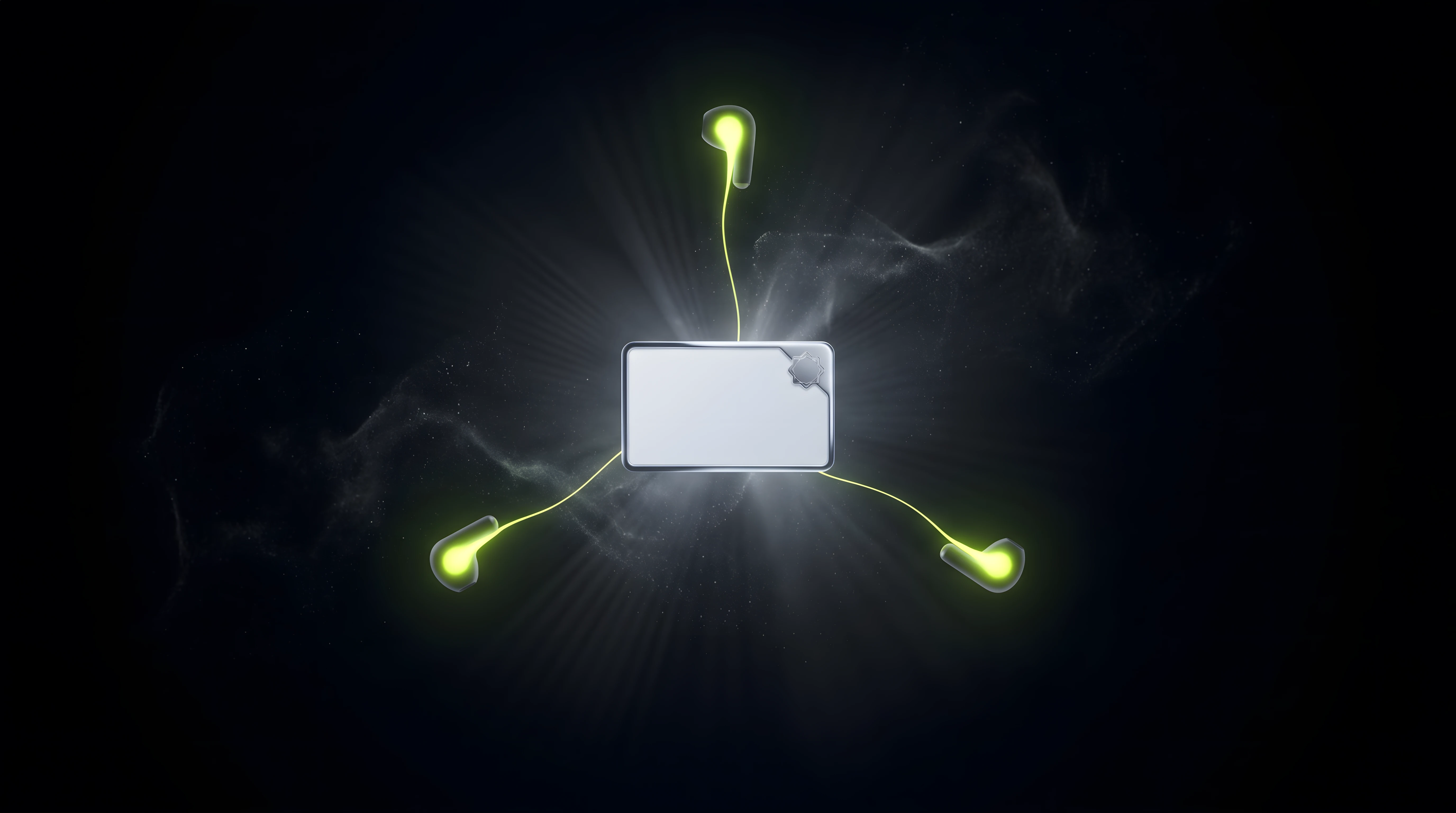 Three small audio stem shapes arranged in a triangular pattern, each emitting a faint bioluminescent glow toward a central abstract document labelled by an abstract chrome seal — visualises the asset-to-contract relationship.