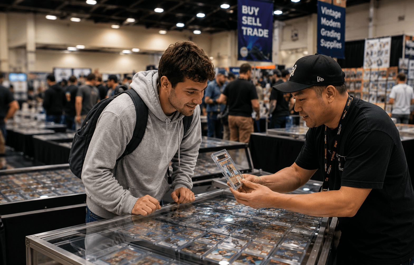 A collector and vendor discuss a trading card in the foreground of a busy card show.
