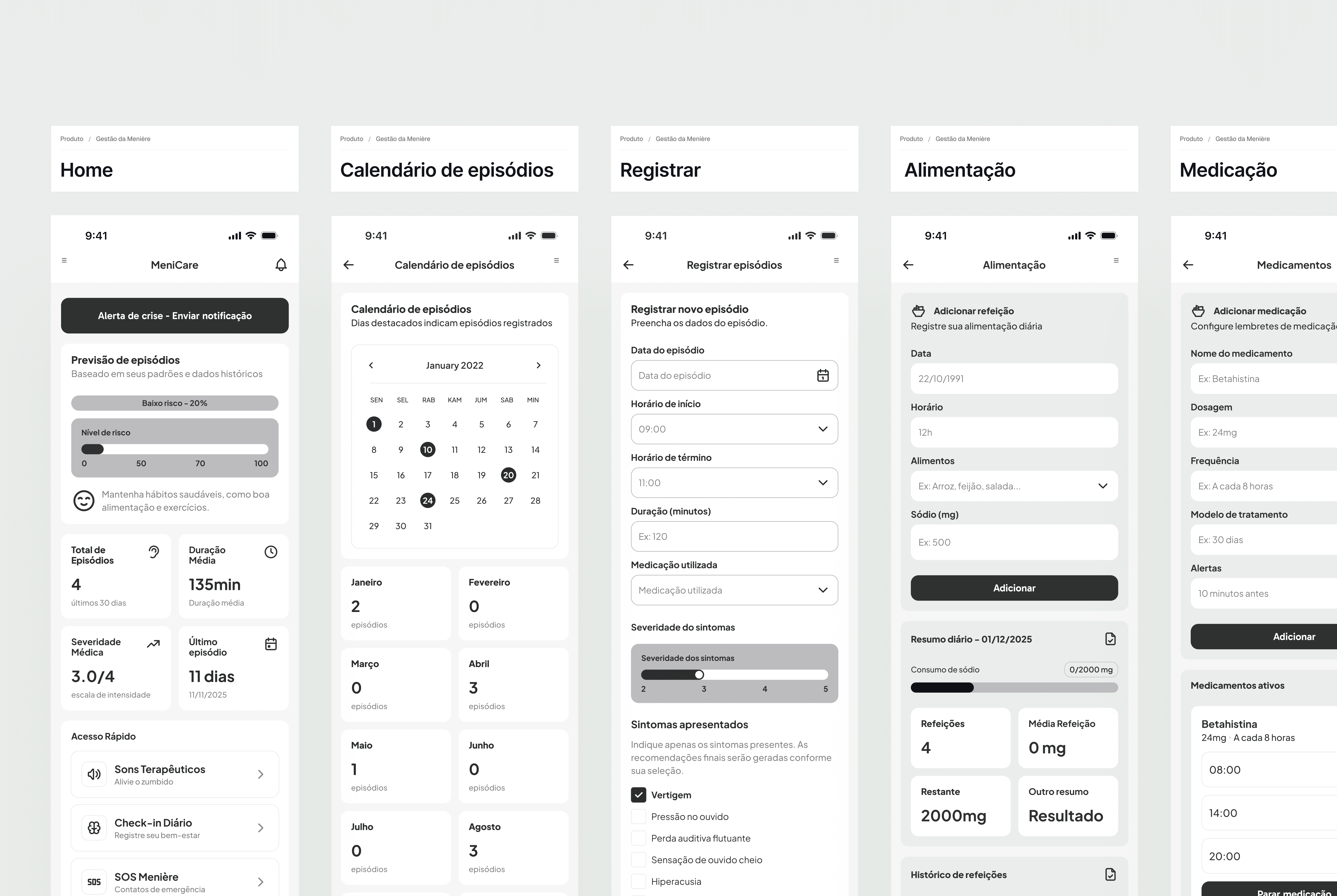 Os wireframes tiveram um papel fundamental no projeto, principalmente por se tratar de um aplicativo de saúde. Eles nos permitiram testar fluxos, reduzir a carga cognitiva e garantir que cada tela fosse clara mesmo em momentos de crise. Antes de pensar em estética, o foco esteve em hierarquia de informação, ações essenciais e na simplicidade de uso especialmente para usuários que podem estar desorientados ou ansiosos. Essa etapa foi decisiva para transformar pesquisa e insights em experiências realmente funcionais.