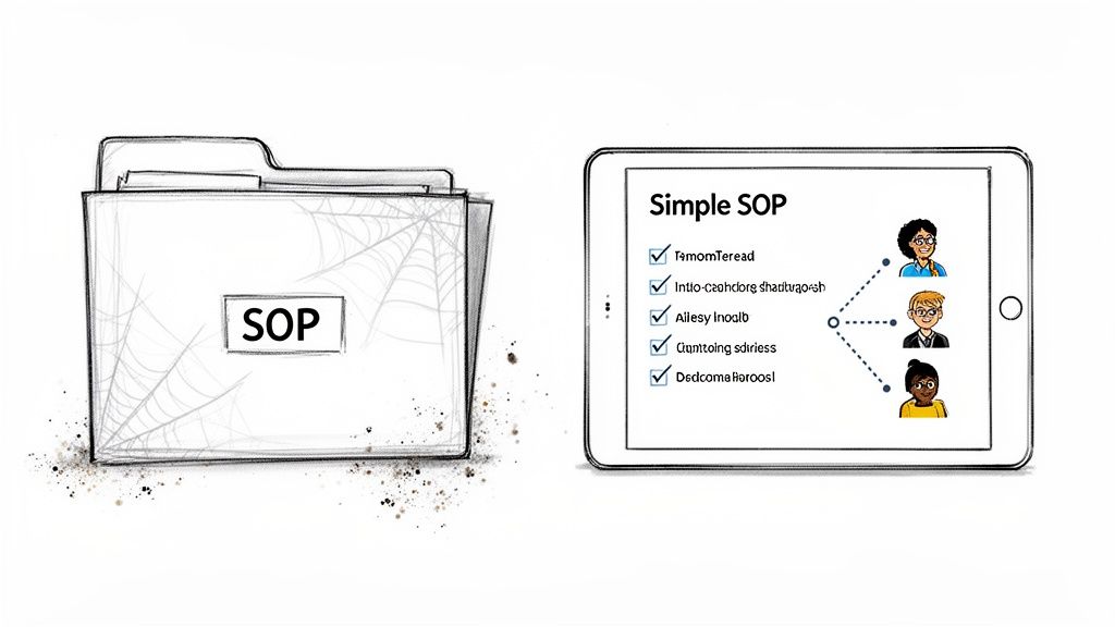 An old, dusty SOP folder contrasts with a modern tablet showing a simple, collaborative digital SOP checklist.